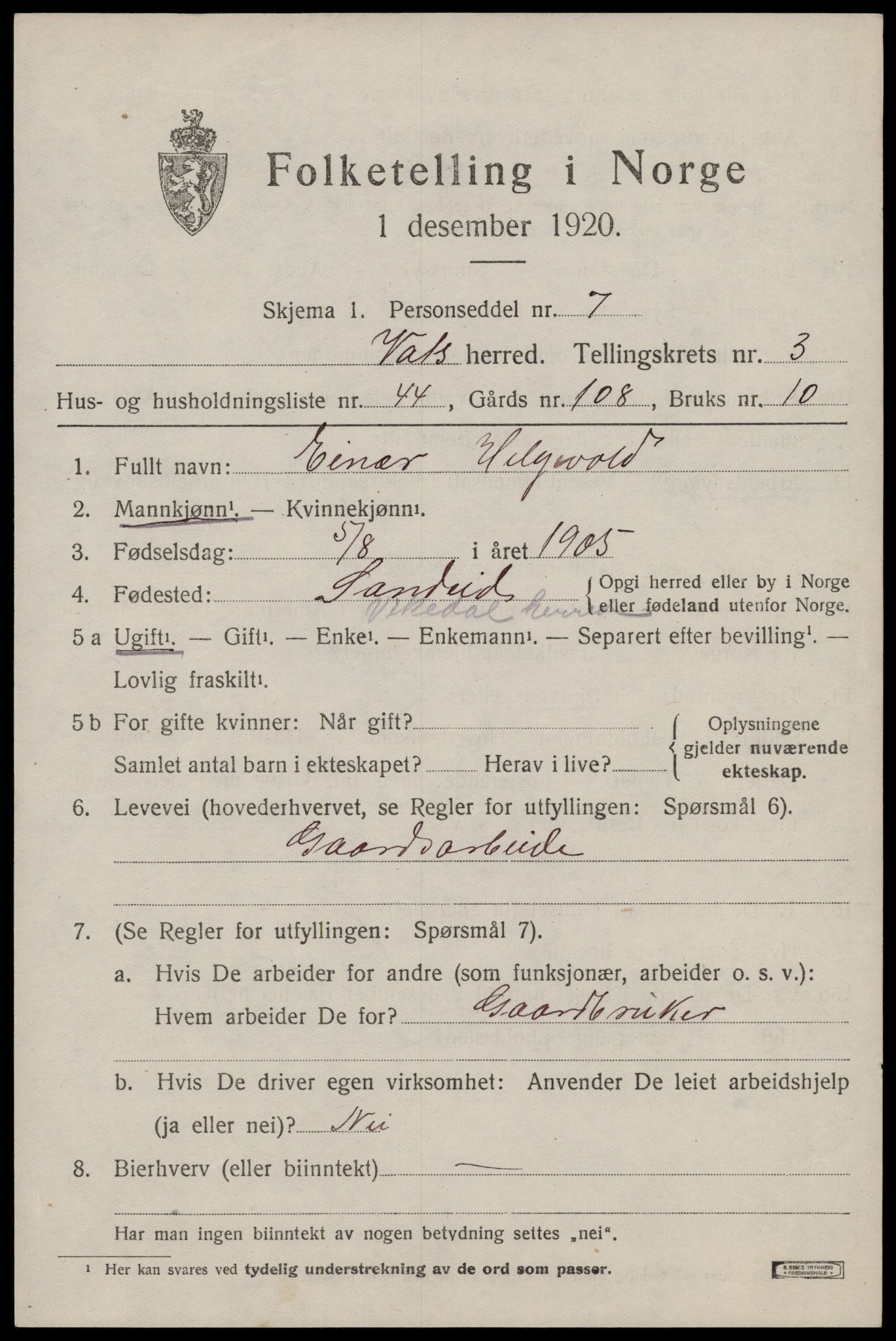 SAST, Folketelling 1920 for 1155 Vats herred, 1920, s. 1443