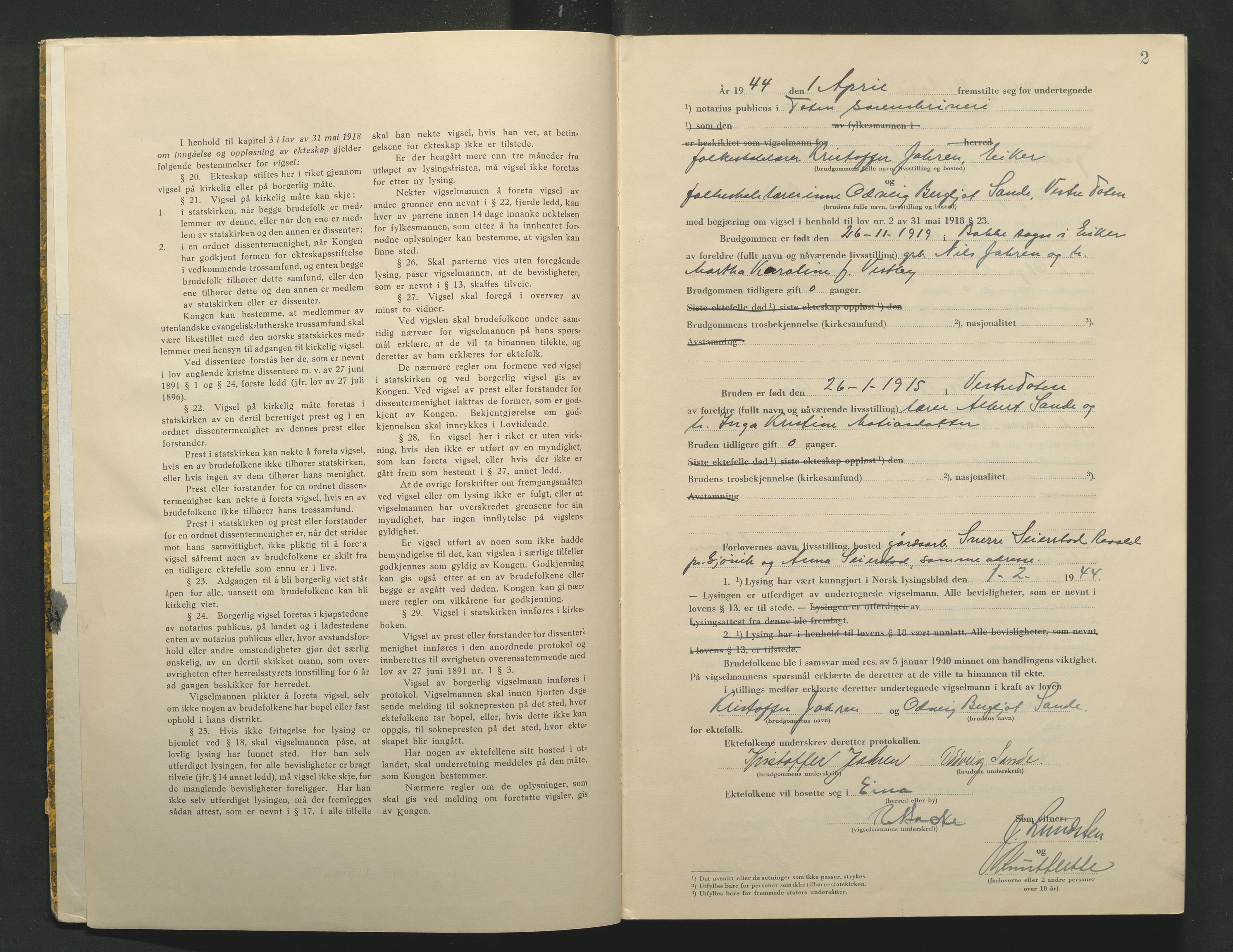 Toten tingrett, AV/SAH-TING-006/L/Lc/L0004: Vigselbok, 1944, s. 2