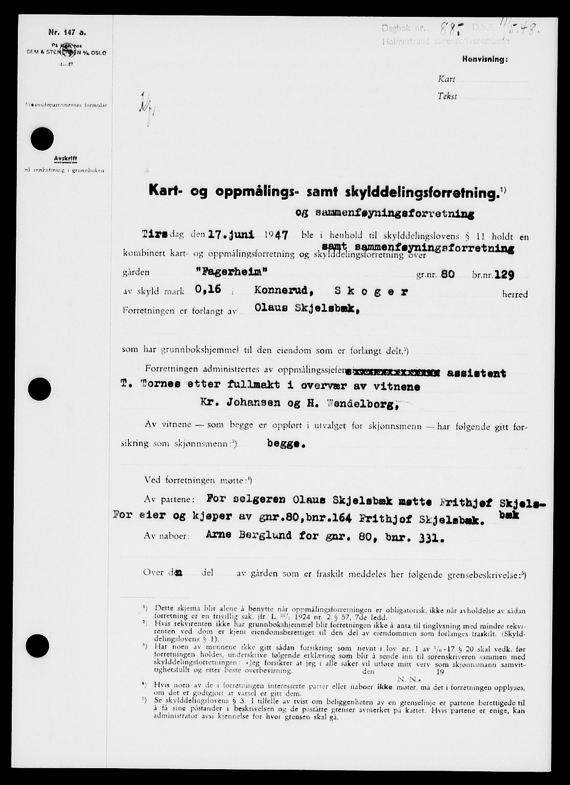 Holmestrand sorenskriveri, SAKO/A-67/G/Ga/Gaa/L0064: Pantebok nr. A-64, 1948-1948, Dagboknr: 885/1948