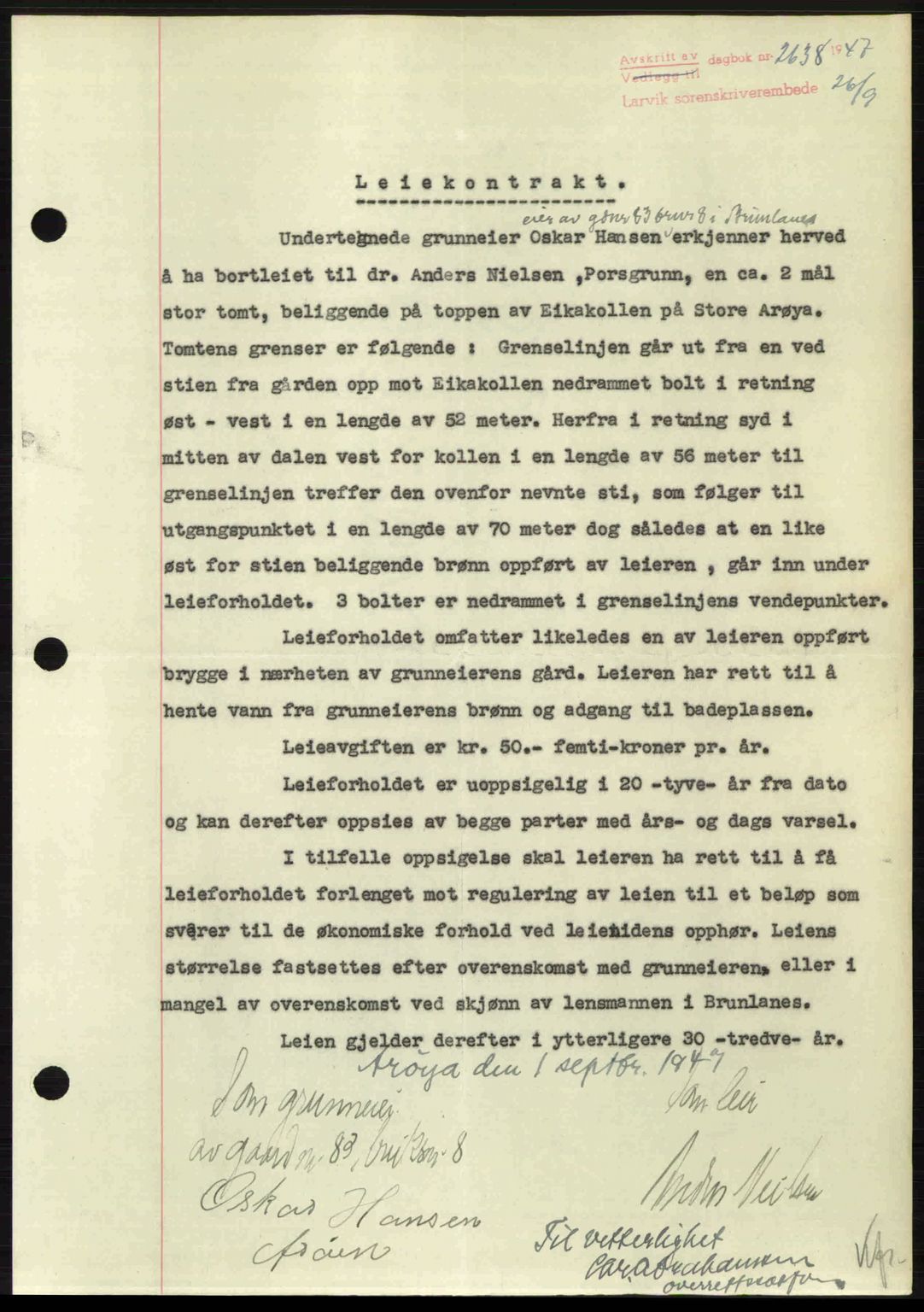 Larvik sorenskriveri, SAKO/A-83/G/Ga/Gab/L0085: Pantebok nr. A-19, 1947-1948, Dagboknr: 2638/1947
