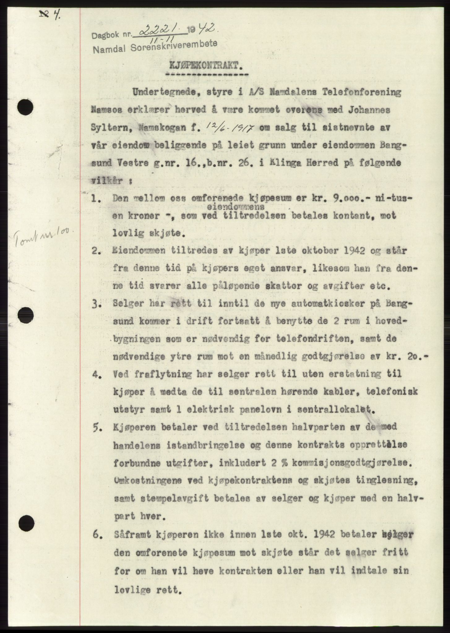 Namdal sorenskriveri, SAT/A-4133/1/2/2C: Pantebok nr. -, 1942-1943, Dagboknr: 2221/1942