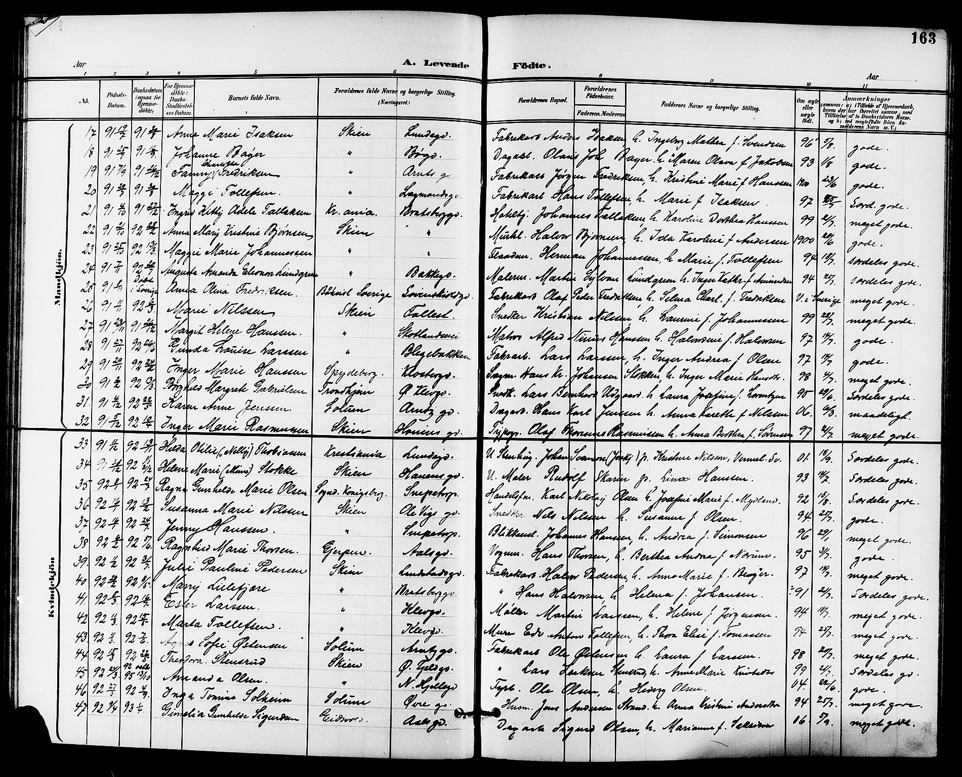Skien kirkebøker, AV/SAKO-A-302/G/Ga/L0008: Klokkerbok nr. 8, 1900-1910, s. 163