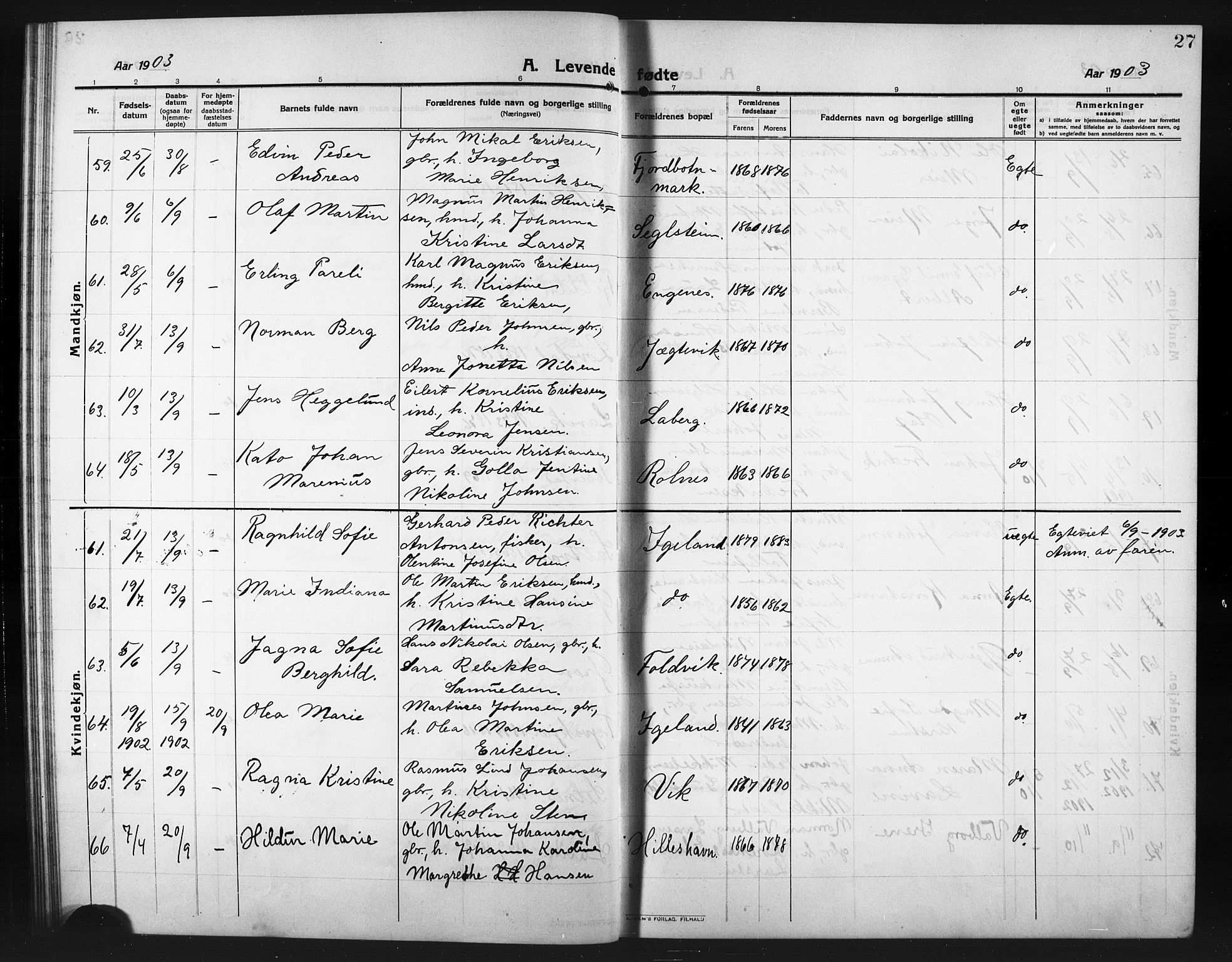 Ibestad sokneprestembete, AV/SATØ-S-0077/H/Ha/Hab/L0009klokker: Klokkerbok nr. 9, 1902-1914, s. 27