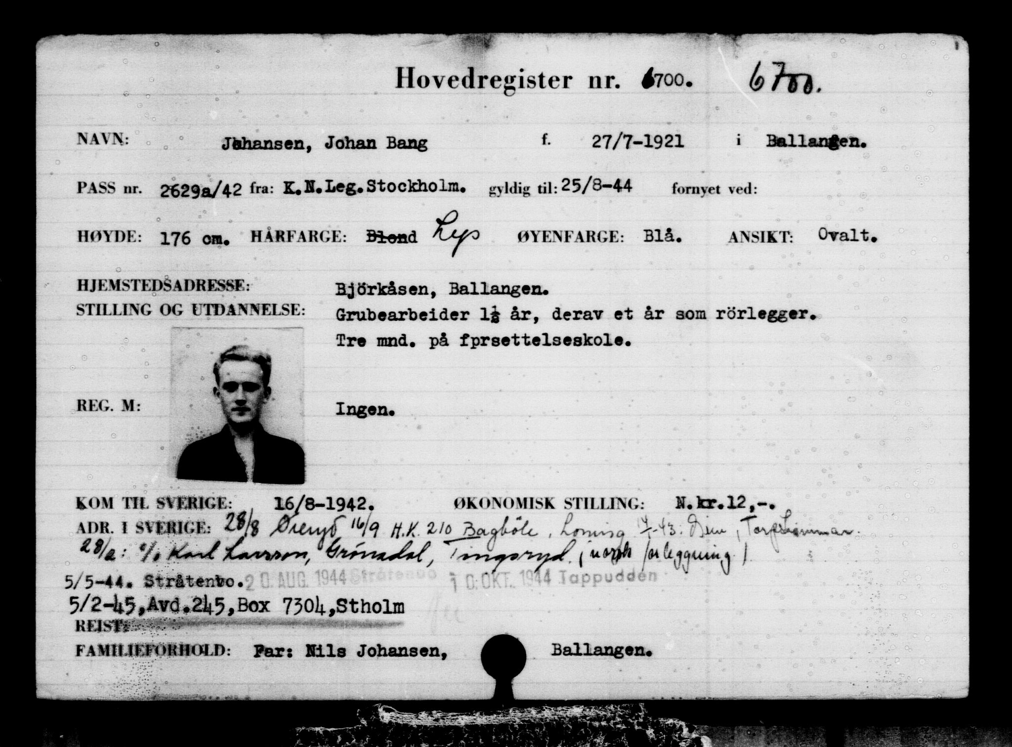 Utenriksstasjonene, Legasjonen i Stockholm, Flyktningkontoret, AV/RA-S-6753/V/Va/L0005: Kjesäterkartoteket, flyktninger med registreringsnr. 6600-9417, 1940-1945, s. 121