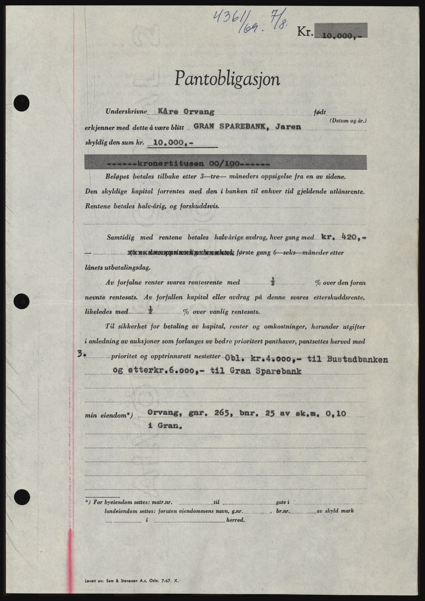 Hadeland og Land tingrett, SAH/TING-010/H/Hb/Hbc/L0074: Pantebok nr. B74, 1969-1969, Dagboknr: 4361/1969