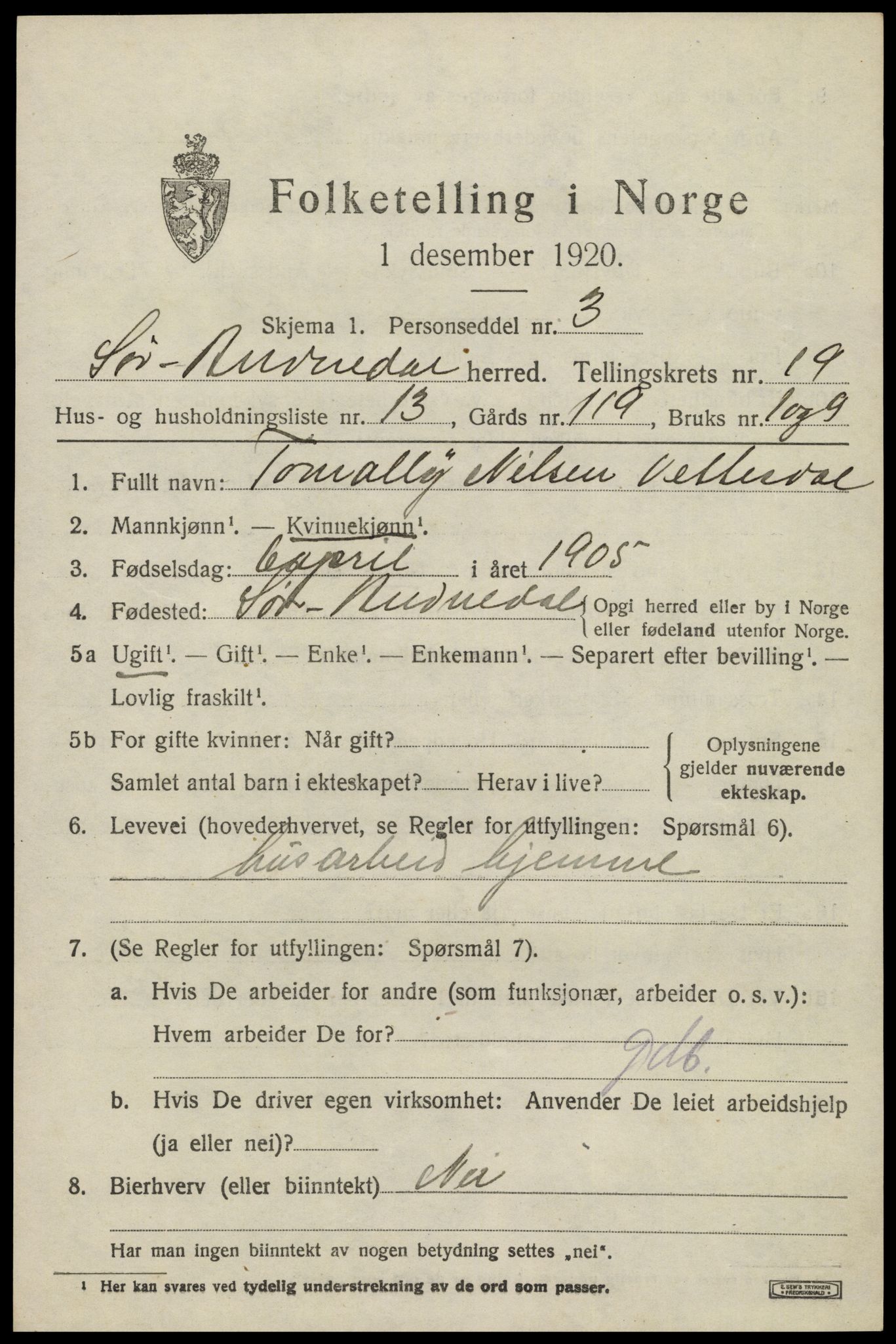 SAK, Folketelling 1920 for 1029 Sør-Audnedal herred, 1920, s. 6685