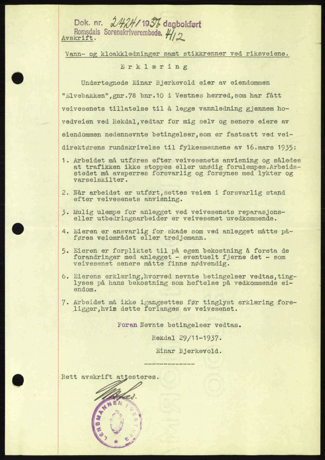 Romsdal sorenskriveri, SAT/A-4149/1/2/2C: Pantebok nr. A4, 1937-1938, Dagboknr: 2424/1937