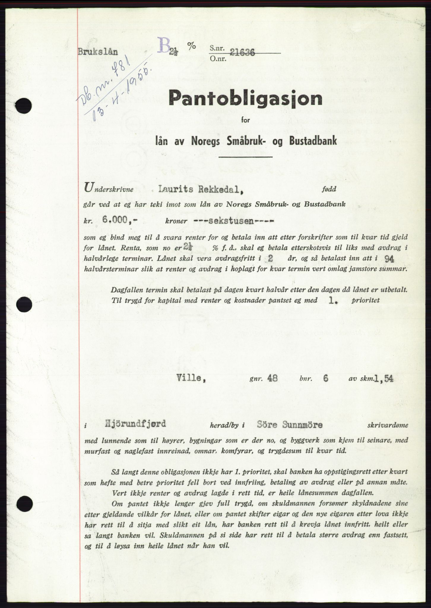 Søre Sunnmøre sorenskriveri, AV/SAT-A-4122/1/2/2C/L0126: Pantebok nr. 14B, 1954-1955, Dagboknr: 781/1955