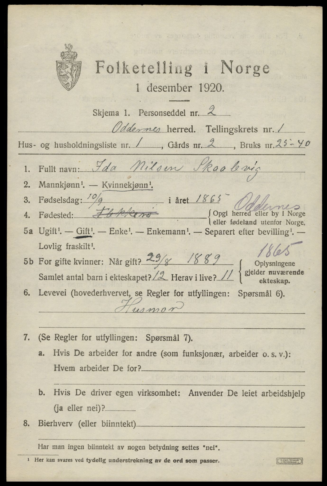 SAK, Folketelling 1920 for 1012 Oddernes herred, 1920, s. 1999
