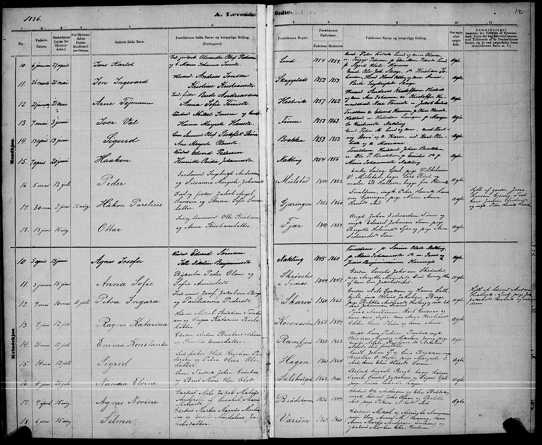 Ministerialprotokoller, klokkerbøker og fødselsregistre - Nord-Trøndelag, SAT/A-1458/780/L0651: Klokkerbok nr. 780C03, 1884-1898, s. 12