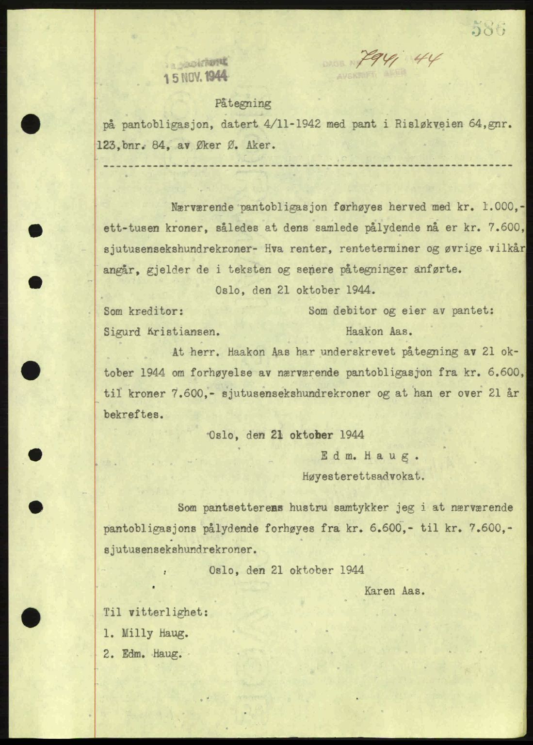 Aker herredsskriveri, SAO/A-10896/G/Gb/Gba/Gbac/L0035: Pantebok nr. B200-201, 1944-1944, Dagboknr: 7941/1944