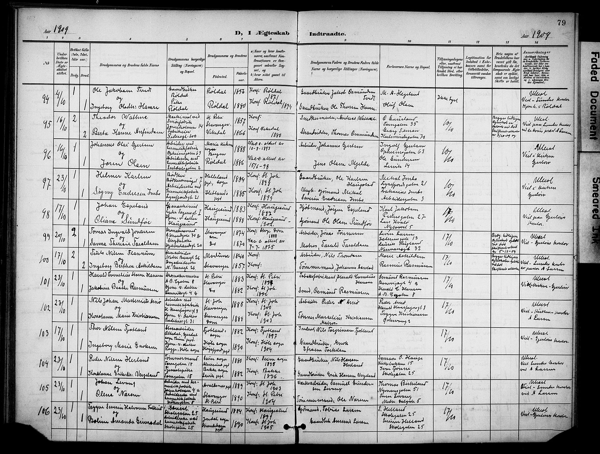 St. Johannes sokneprestkontor, AV/SAST-A-101814/001/30/30BB/L0005: Klokkerbok nr. B 5, 1901-1917, s. 79