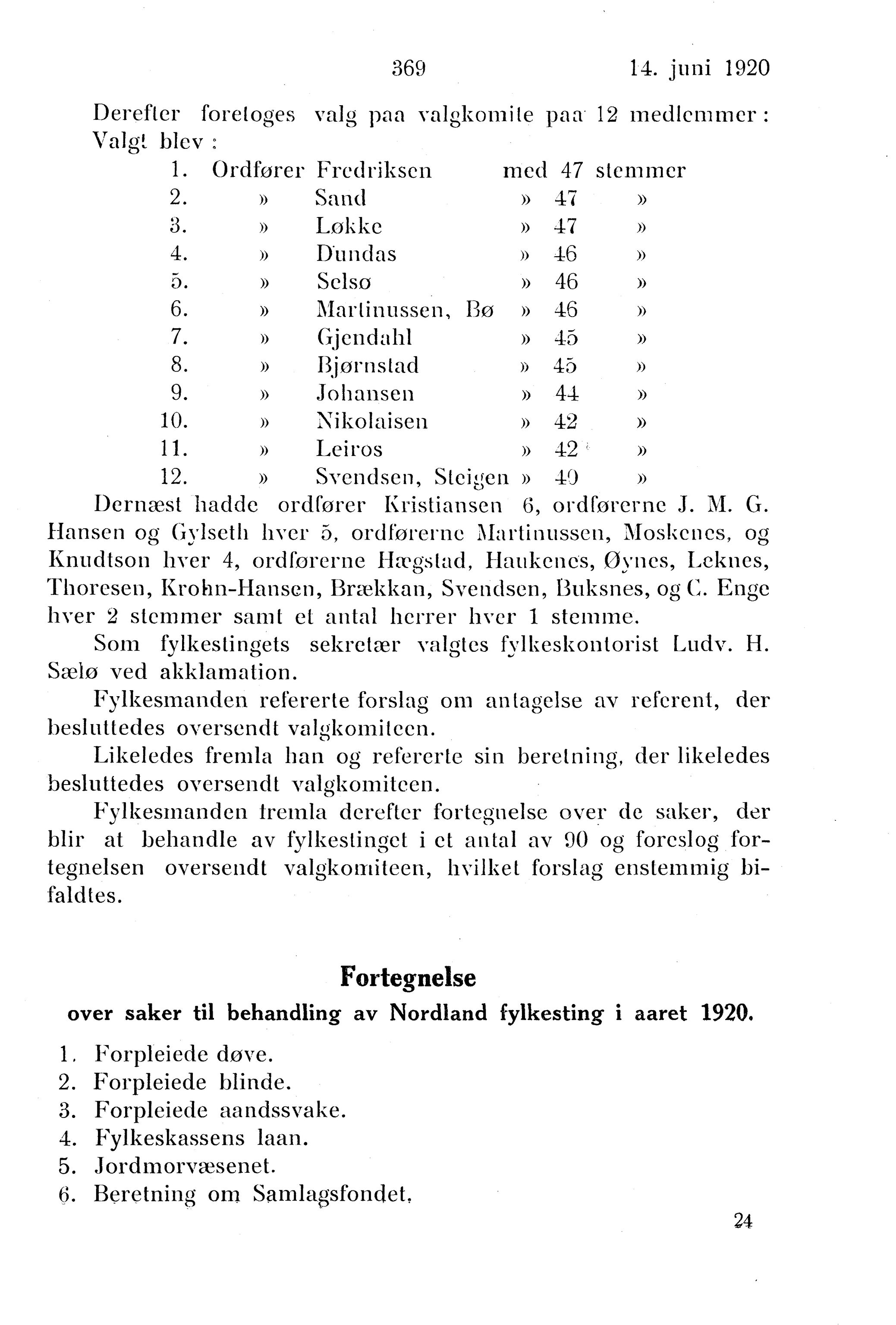 Nordland Fylkeskommune. Fylkestinget, AIN/NFK-17/176/A/Ac/L0043: Fylkestingsforhandlinger 1920, 1920, s. 369