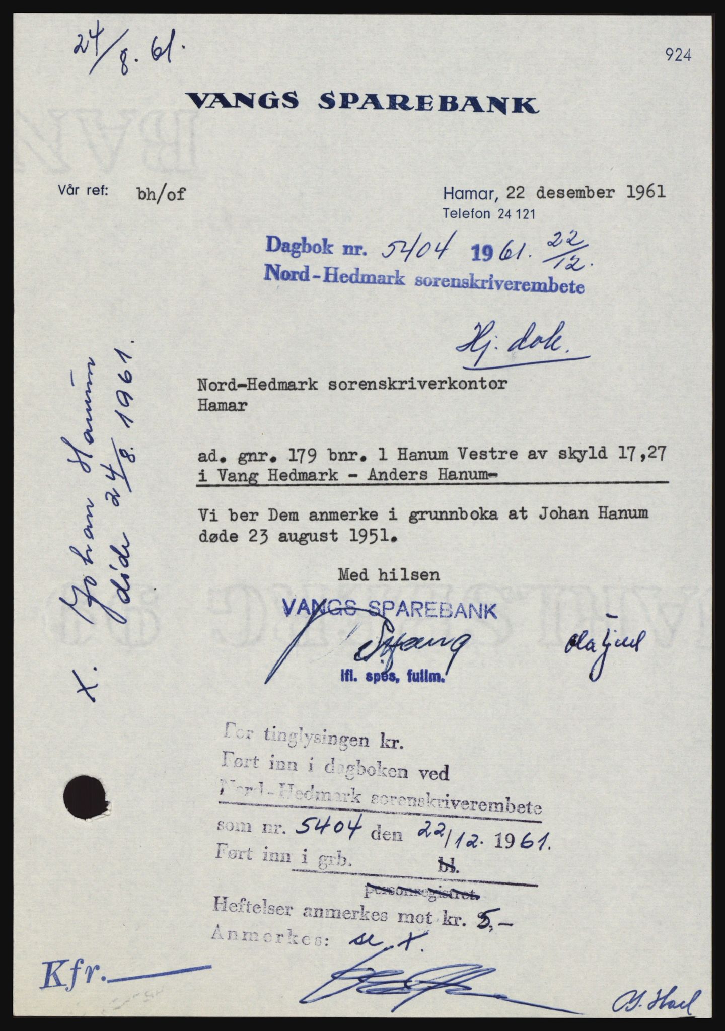 Nord-Hedmark sorenskriveri, SAH/TING-012/H/Hc/L0015: Pantebok nr. 15, 1961-1961, Dagboknr: 5404/1961