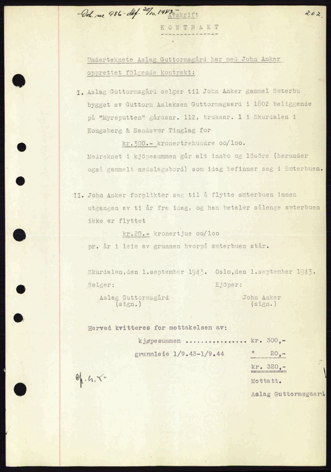 Numedal og Sandsvær sorenskriveri, SAKO/A-128/G/Ga/Gaa/L0055: Pantebok nr. A7, 1943-1944, Dagboknr: 986/1943