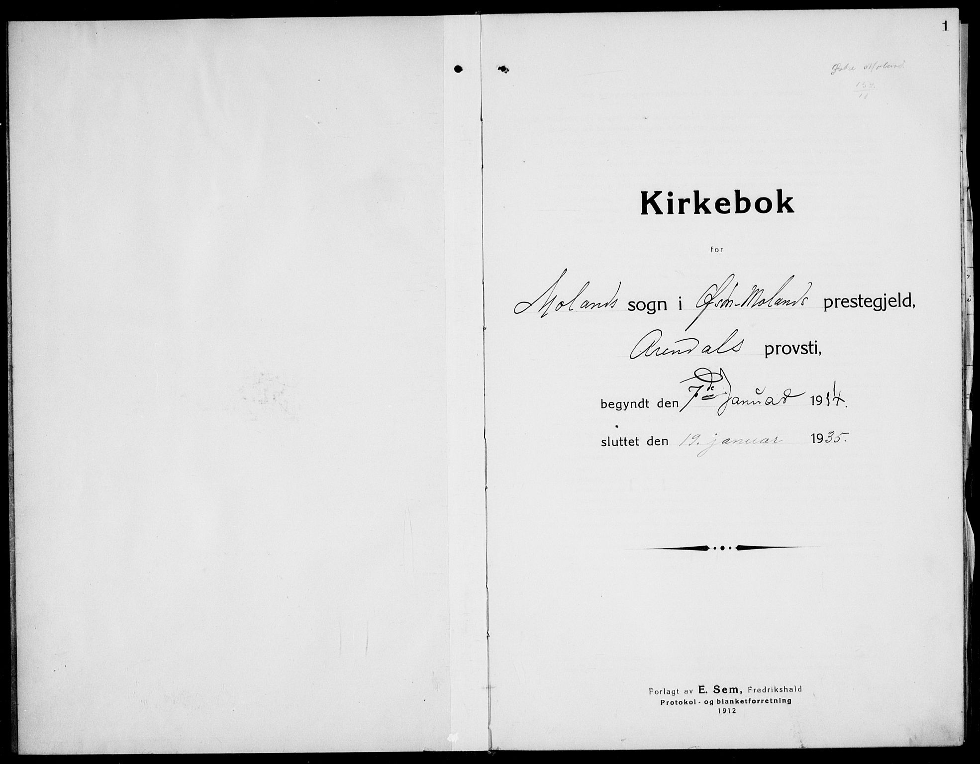 Austre Moland sokneprestkontor, SAK/1111-0001/F/Fb/Fba/L0005: Klokkerbok nr. B 4b, 1914-1935, s. 1