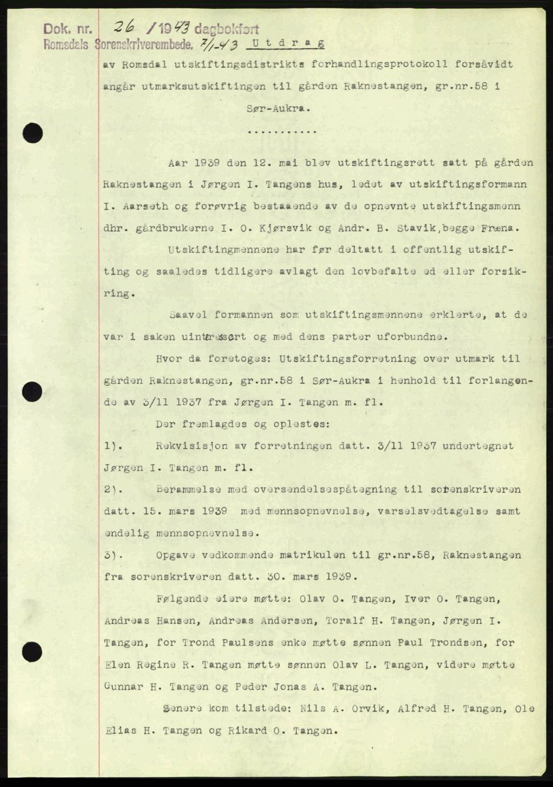 Romsdal sorenskriveri, SAT/A-4149/1/2/2C: Pantebok nr. A13, 1942-1943, Dagboknr: 26/1943