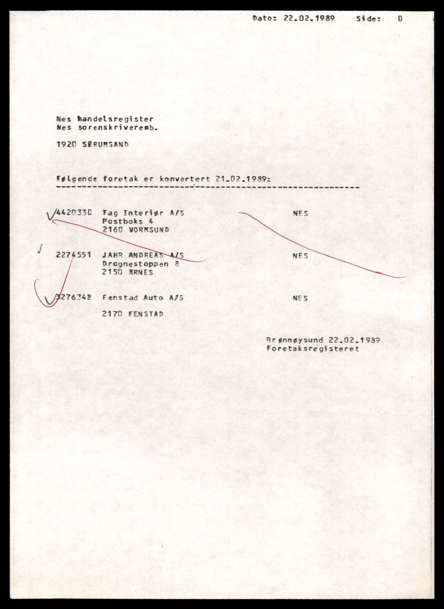 Nes tingrett, SAT/A-10548/K/Ke/Keb/L0012: Aksjeselskap, Fen - Gle, 1944-1990, s. 1