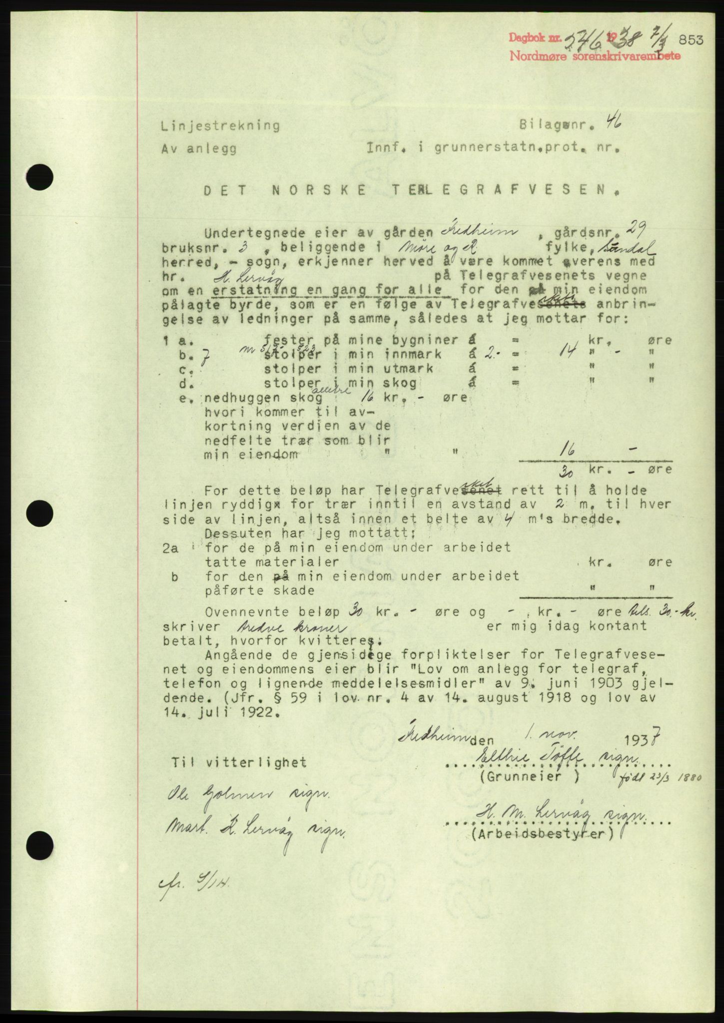 Nordmøre sorenskriveri, AV/SAT-A-4132/1/2/2Ca/L0092: Pantebok nr. B82, 1937-1938, Dagboknr: 546/1938