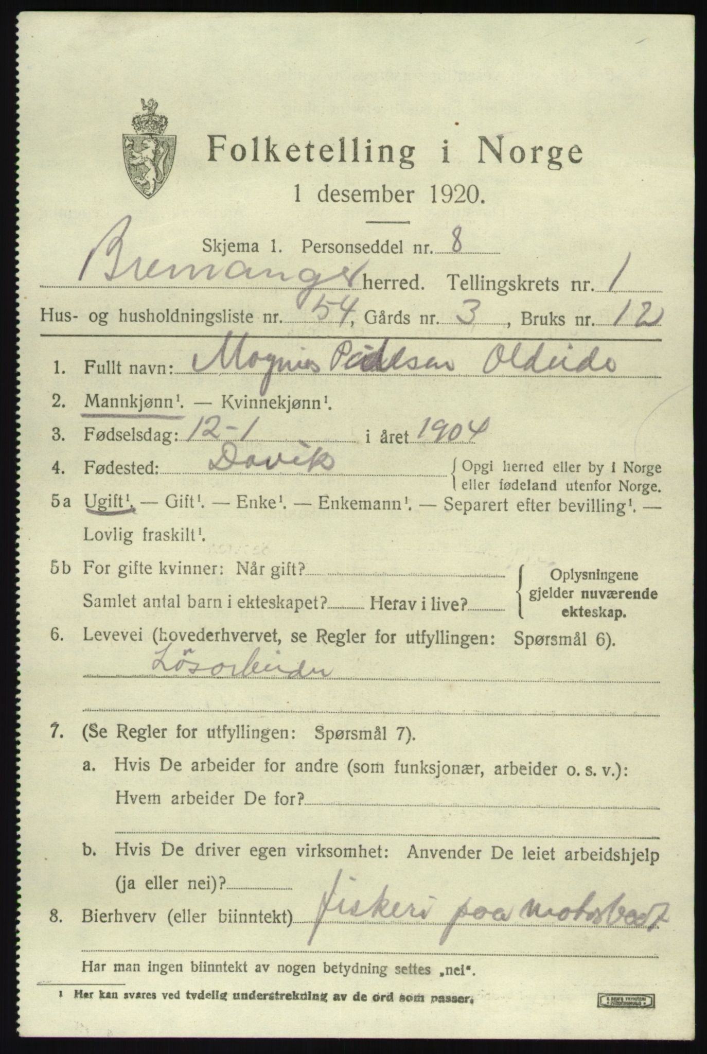 SAB, Folketelling 1920 for 1438 Bremanger herred, 1920, s. 1604