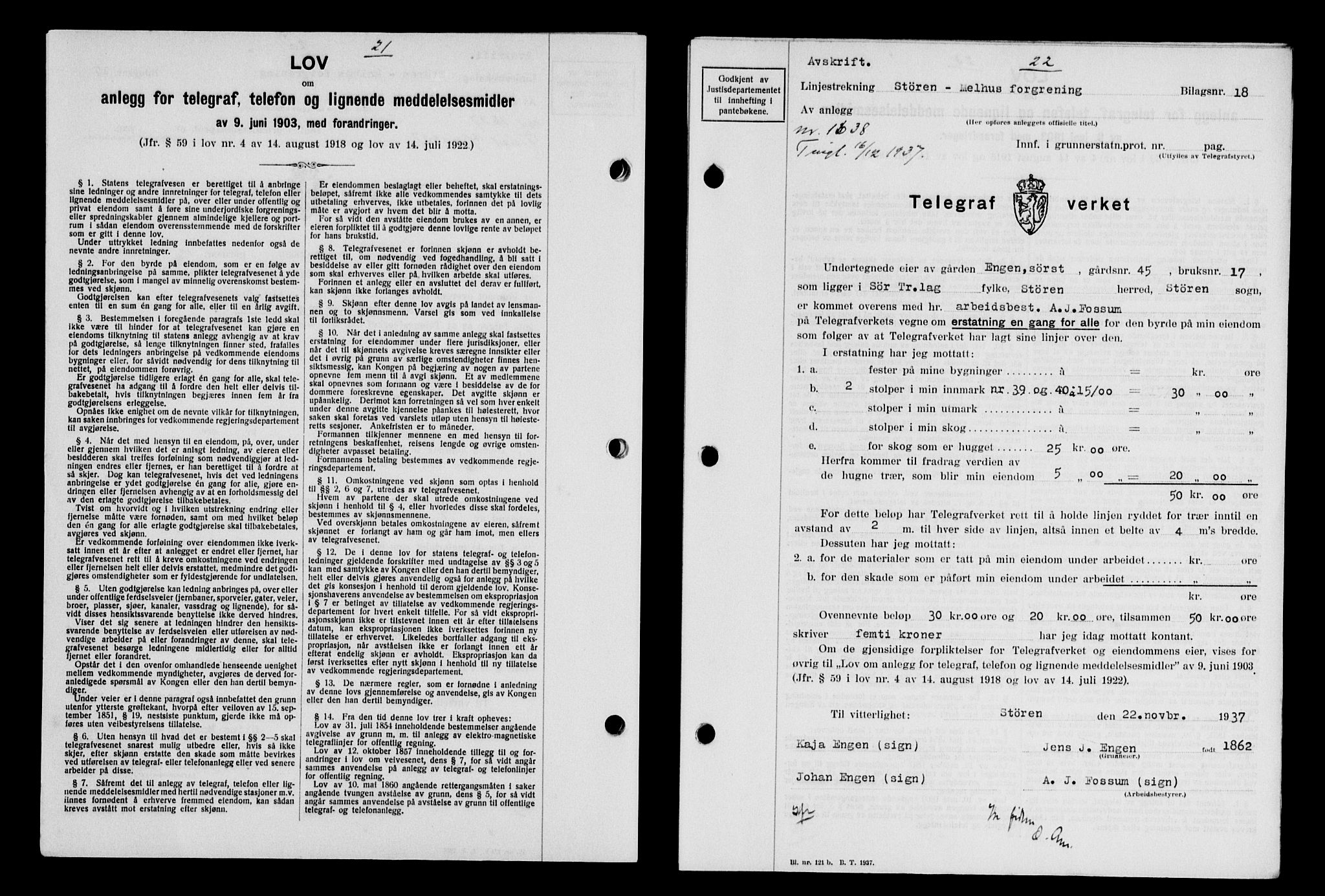 Gauldal sorenskriveri, SAT/A-0014/1/2/2C/L0048: Pantebok nr. 51-52, 1937-1938, s. 21, Dagboknr: 1638/1937