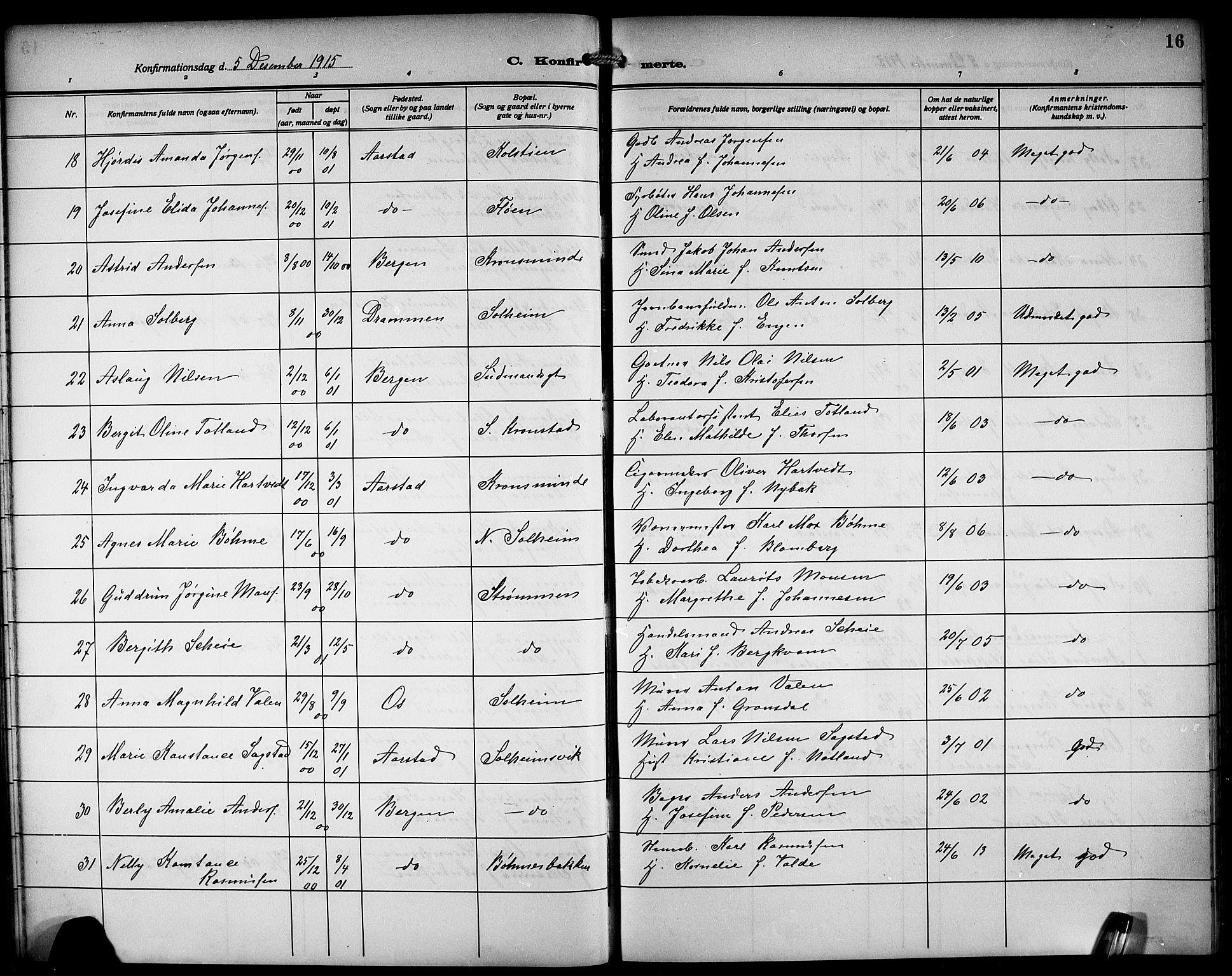 Årstad Sokneprestembete, AV/SAB-A-79301/H/Hab/L0013: Klokkerbok nr. B 3, 1914-1923, s. 16
