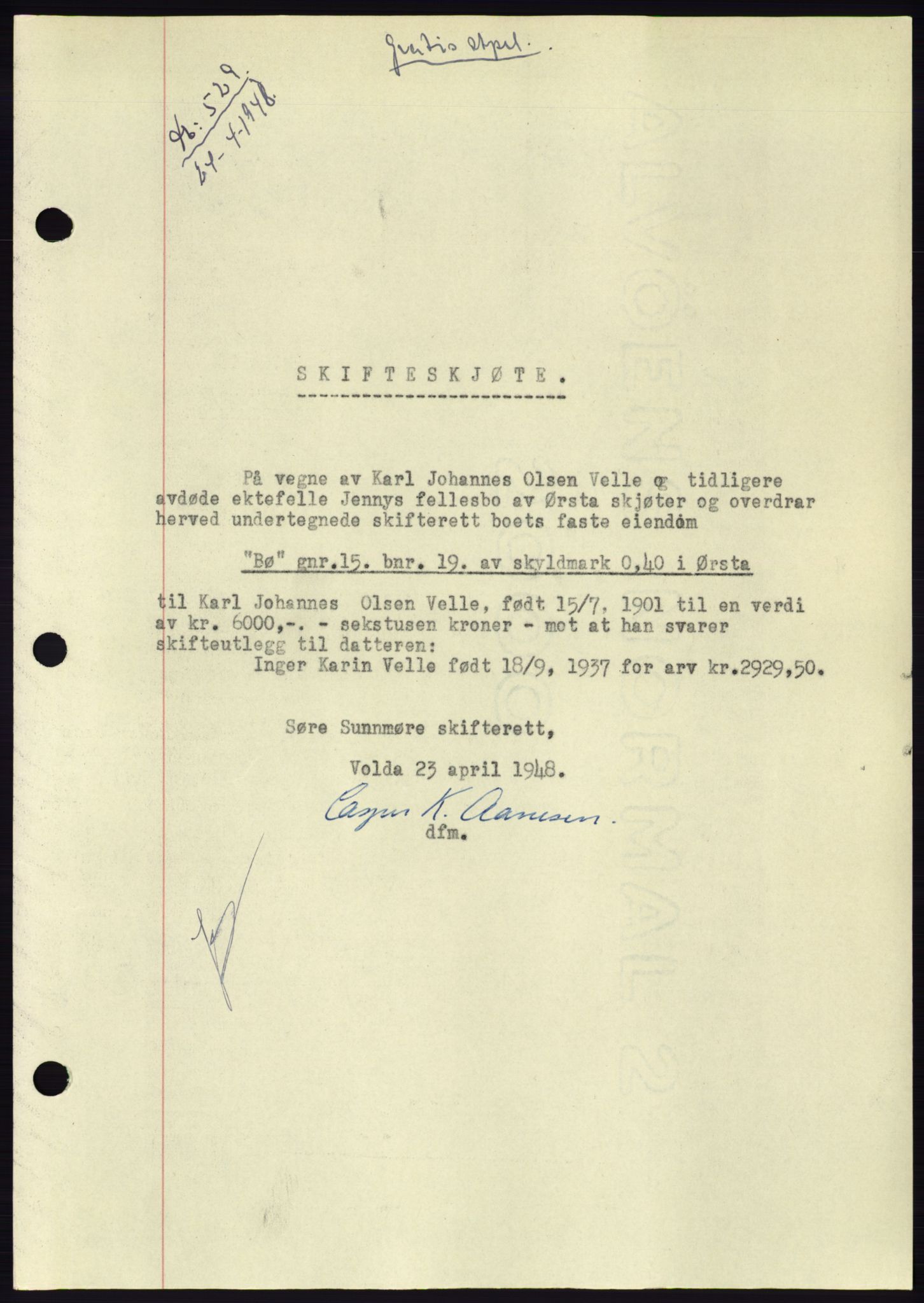 Søre Sunnmøre sorenskriveri, AV/SAT-A-4122/1/2/2C/L0082: Pantebok nr. 8A, 1948-1948, Dagboknr: 529/1948
