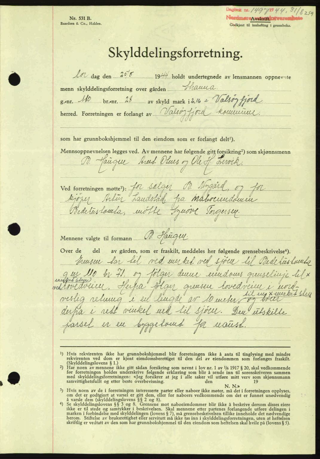 Nordmøre sorenskriveri, SAT/A-4132/1/2/2Ca: Pantebok nr. A98, 1944-1944, Dagboknr: 1497/1944