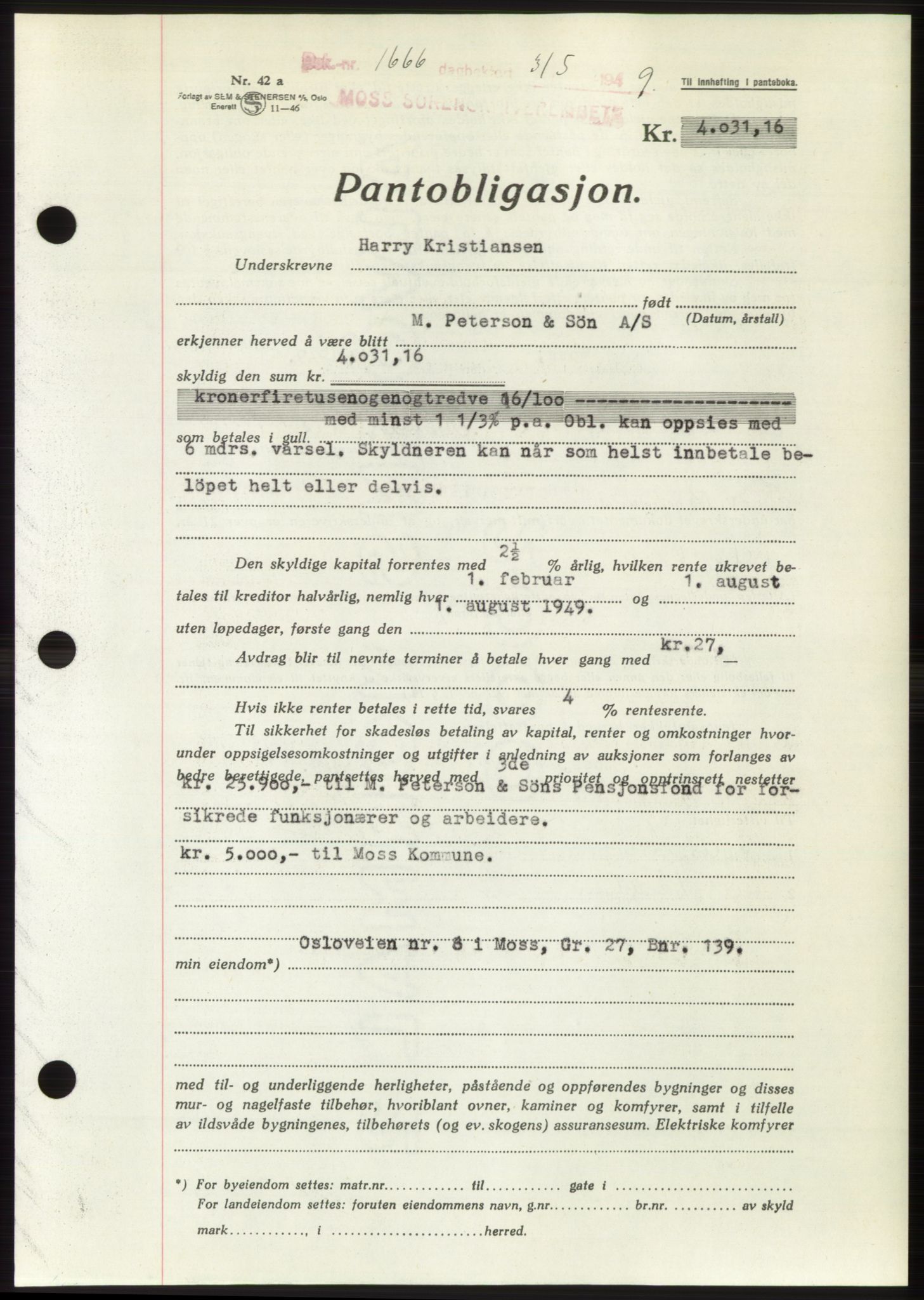 Moss sorenskriveri, SAO/A-10168: Pantebok nr. B22, 1949-1949, Dagboknr: 1666/1949