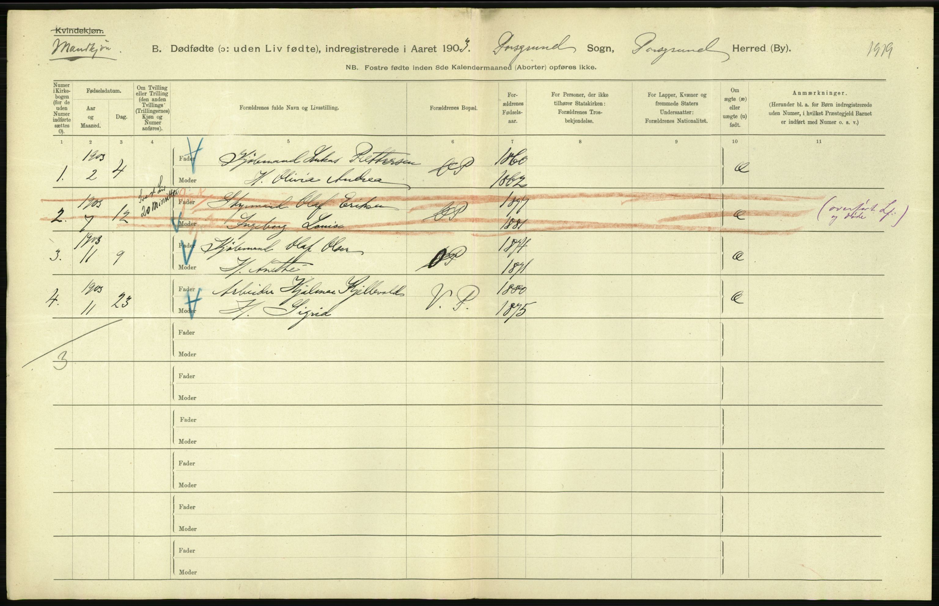 Statistisk sentralbyrå, Sosiodemografiske emner, Befolkning, RA/S-2228/D/Df/Dfa/Dfaa/L0026: Smålenenes - Finnmarkens amt: Dødfødte. Byer., 1903, s. 176