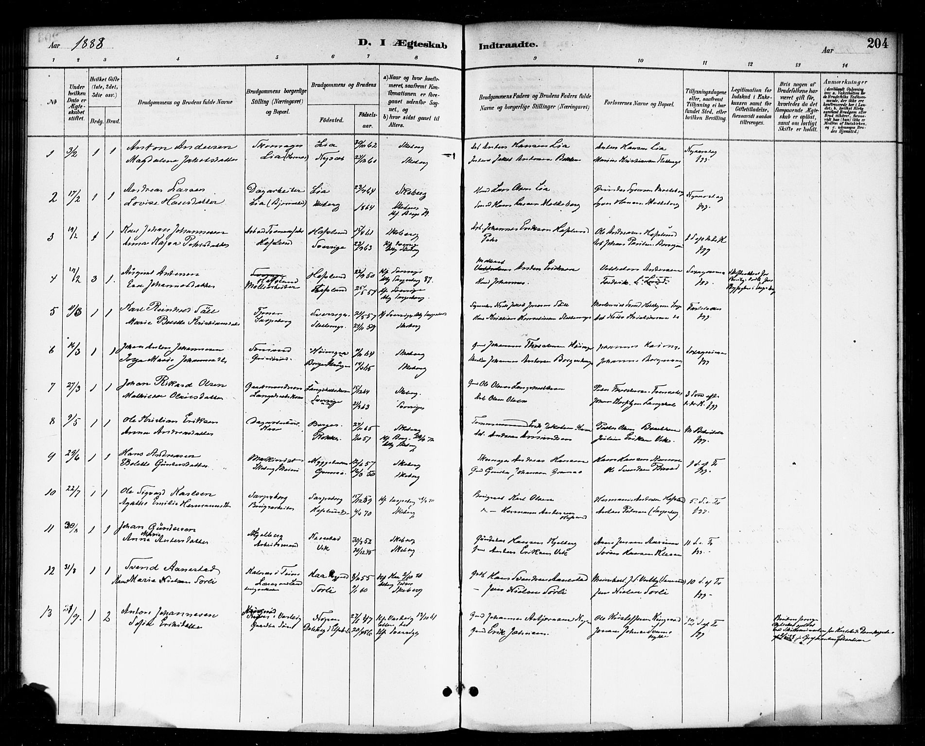 Skjeberg prestekontor Kirkebøker, SAO/A-10923/F/Fa/L0009: Ministerialbok nr. I 9, 1886-1897, s. 204
