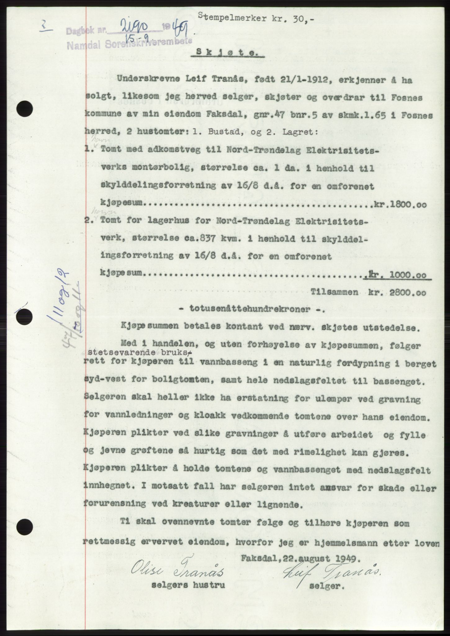 Namdal sorenskriveri, SAT/A-4133/1/2/2C: Pantebok nr. -, 1949-1949, Dagboknr: 2190/1949