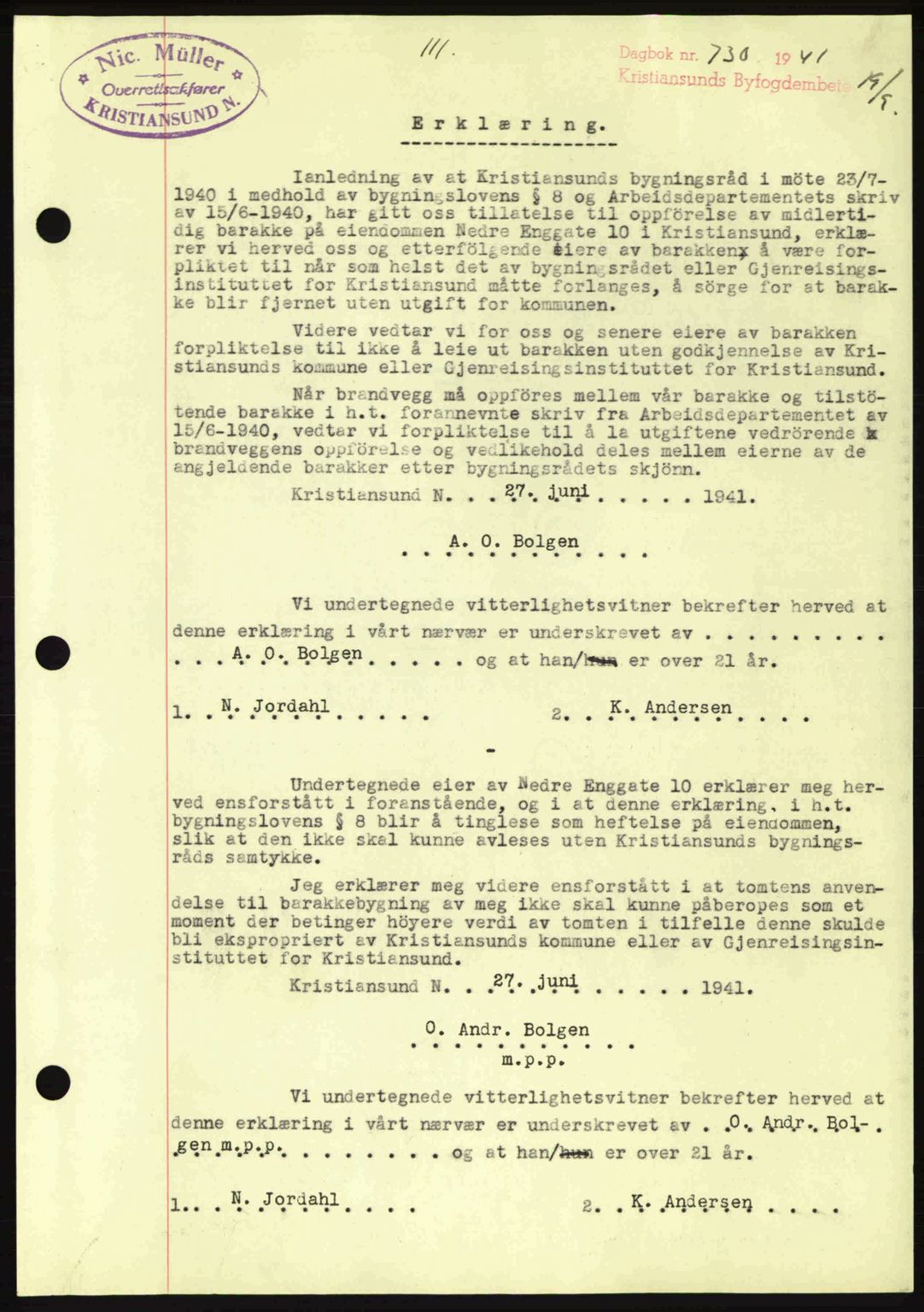 Kristiansund byfogd, AV/SAT-A-4587/A/27: Pantebok nr. 35, 1941-1942, Dagboknr: 730/1941