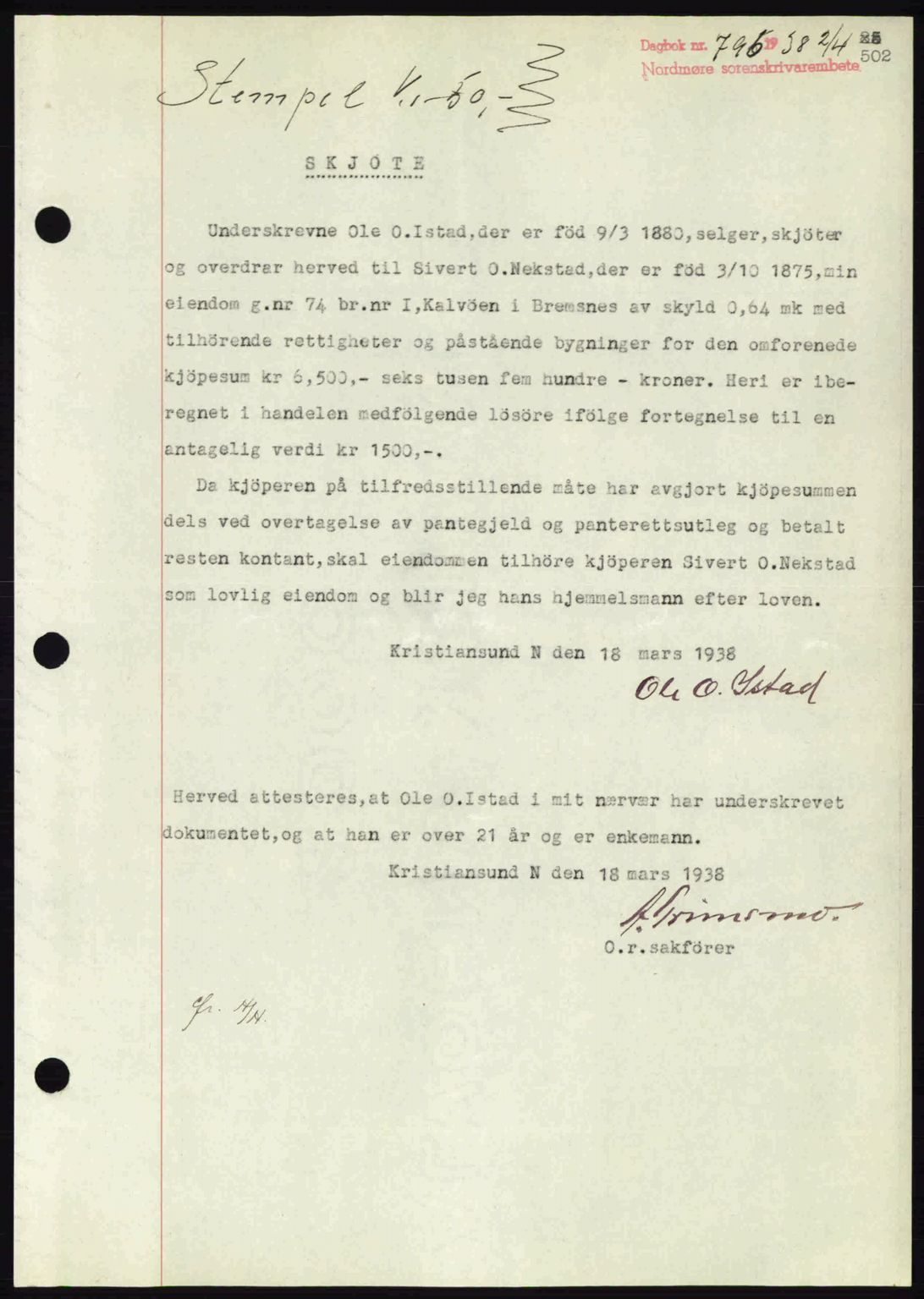 Nordmøre sorenskriveri, SAT/A-4132/1/2/2Ca: Pantebok nr. A83, 1938-1938, Dagboknr: 795/1938