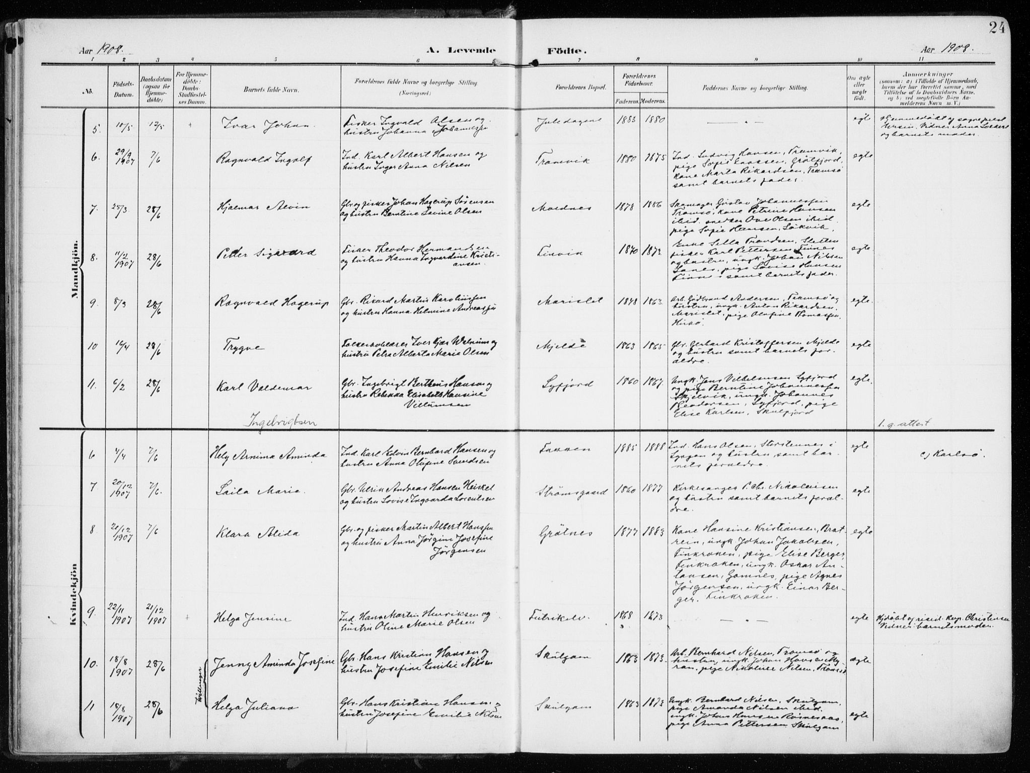 Tromsøysund sokneprestkontor, AV/SATØ-S-1304/G/Ga/L0007kirke: Ministerialbok nr. 7, 1907-1914, s. 24
