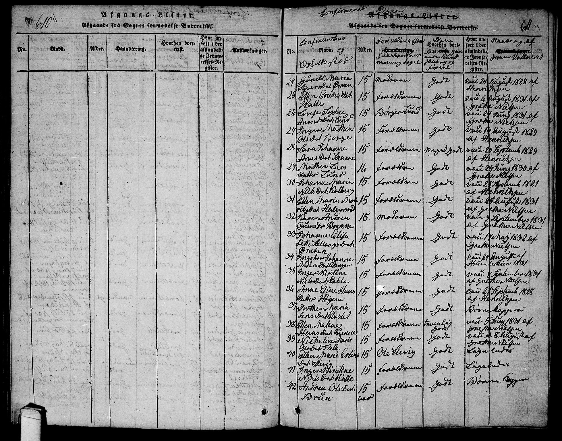 Onsøy prestekontor Kirkebøker, AV/SAO-A-10914/G/Ga/L0001: Klokkerbok nr. I 1, 1814-1840, s. 610-611