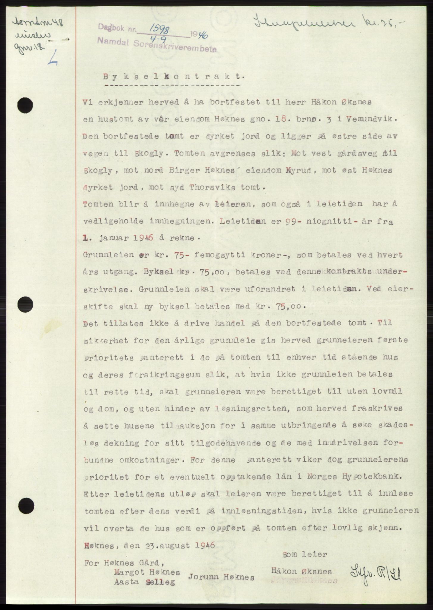 Namdal sorenskriveri, SAT/A-4133/1/2/2C: Pantebok nr. -, 1946-1947, Dagboknr: 1598/1946