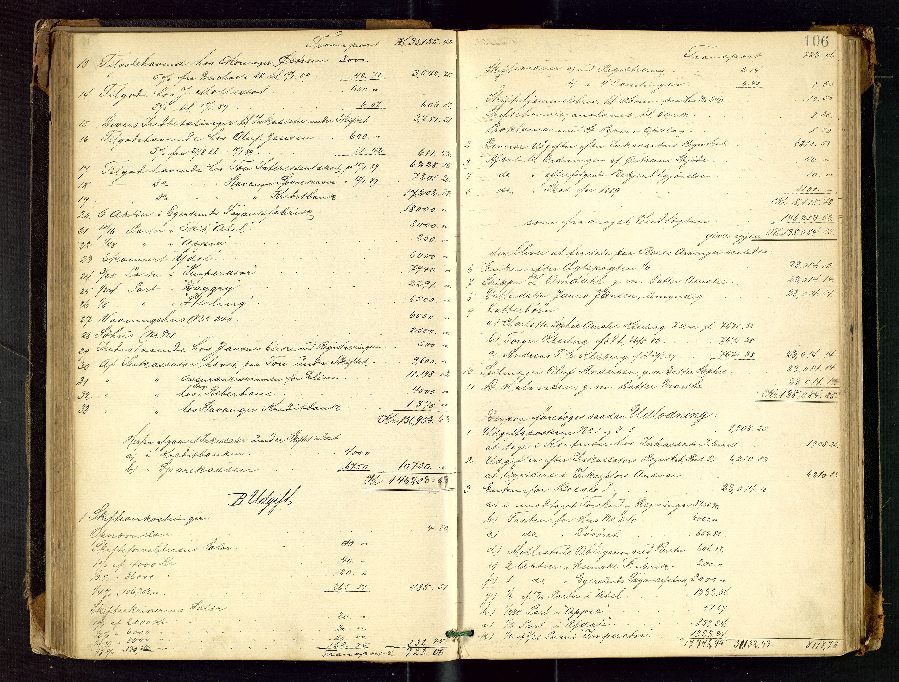 Stavanger skifteforvalter, AV/SAST-A-101412/001/5/50/503BB/L0001: Skifteutlodningsprotokoll, 1885-1892, s. 106