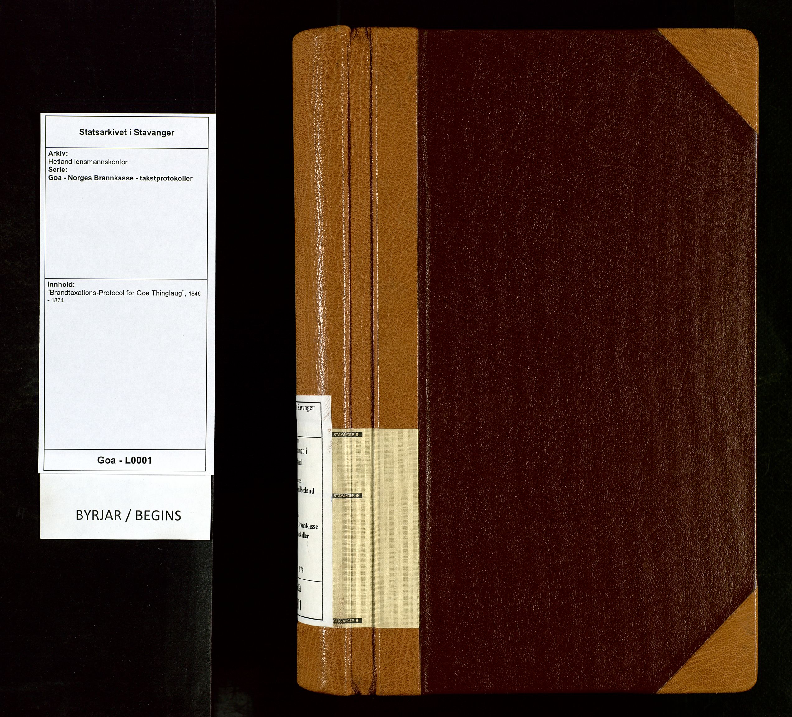 Hetland lensmannskontor, SAST/A-100101/Goa/L0001: "Brandtaxations-Protocol for Goe Thinglaug", 1846-1874