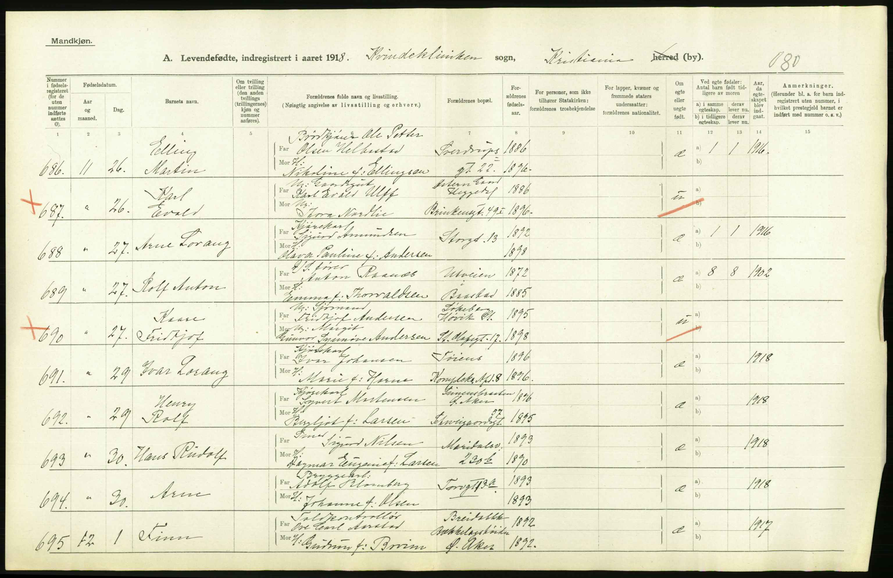 Statistisk sentralbyrå, Sosiodemografiske emner, Befolkning, AV/RA-S-2228/D/Df/Dfb/Dfbh/L0008: Kristiania: Levendefødte menn og kvinner., 1918, s. 538