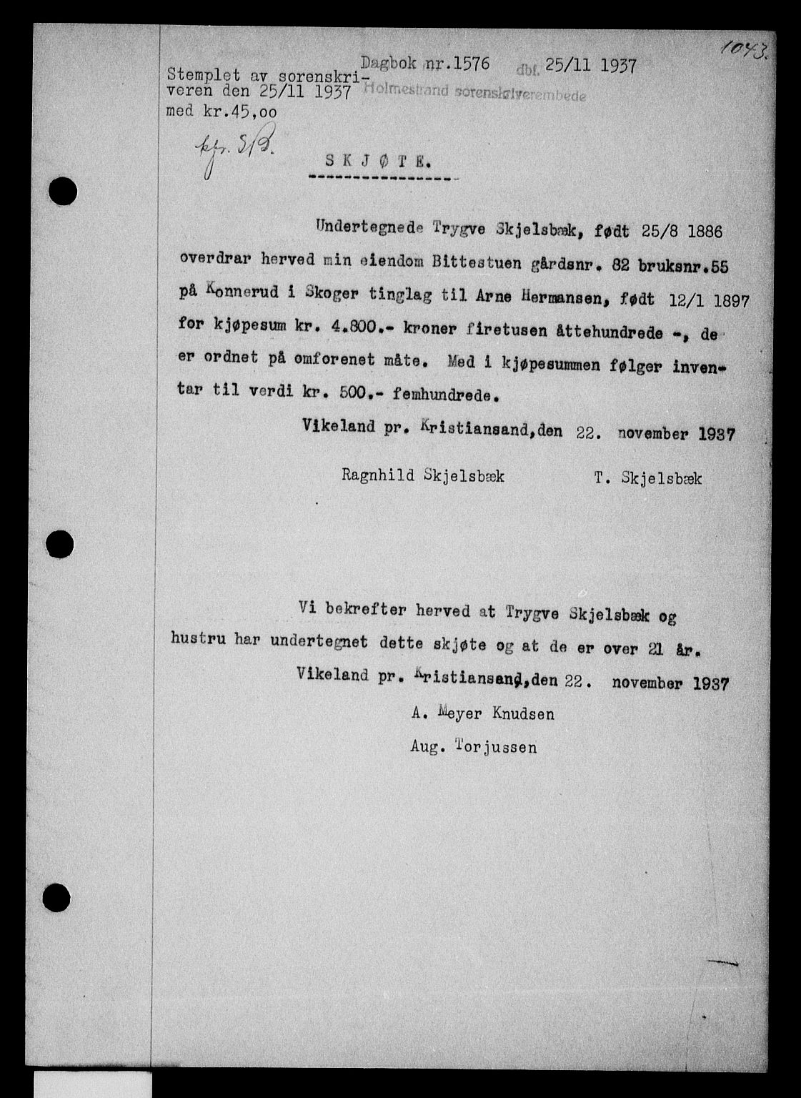 Holmestrand sorenskriveri, SAKO/A-67/G/Ga/Gaa/L0048: Pantebok nr. A-48, 1936-1937, Dagboknr: 1576/1937