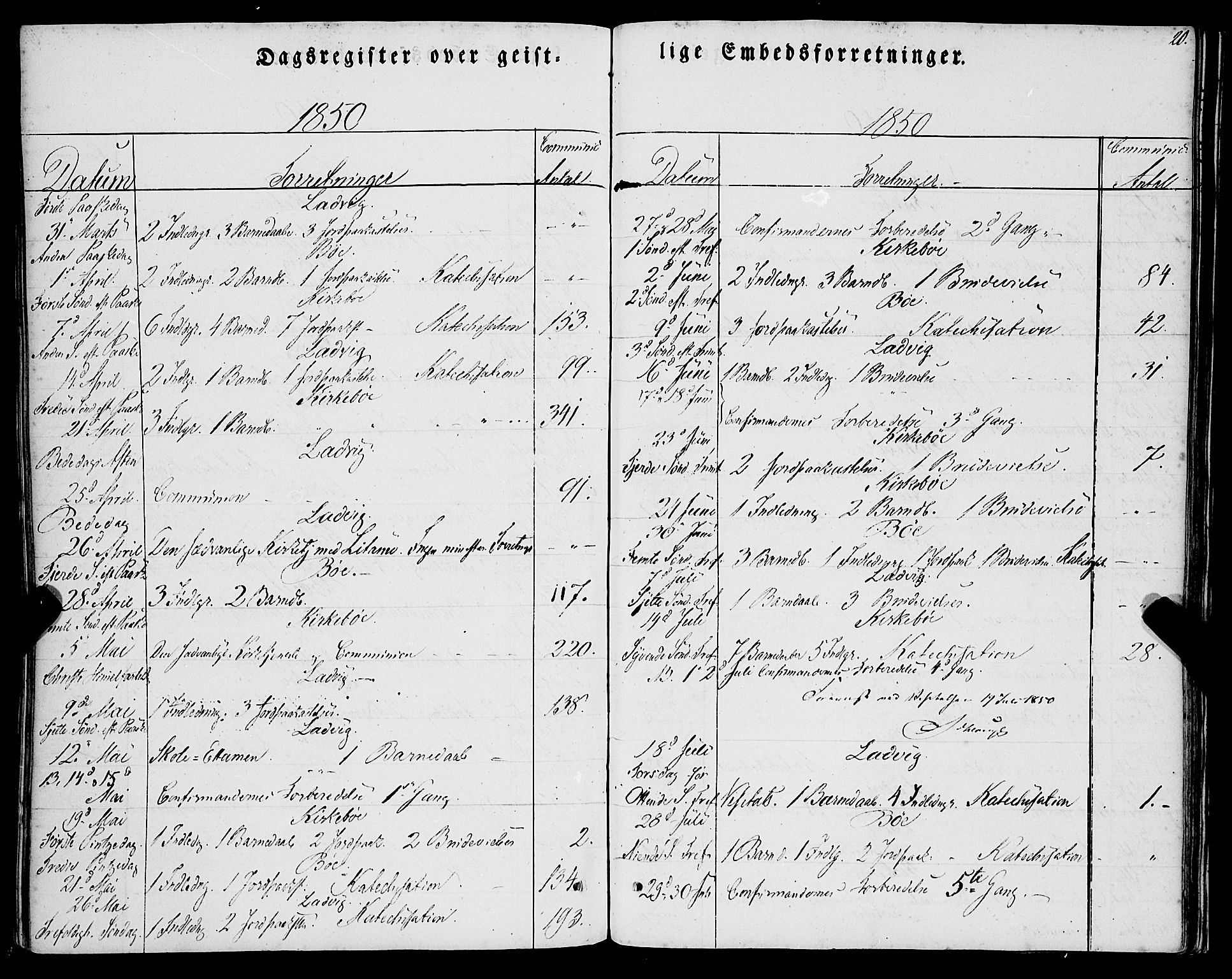 Lavik sokneprestembete, AV/SAB-A-80901: Ministerialbok nr. A 3, 1843-1863, s. 20
