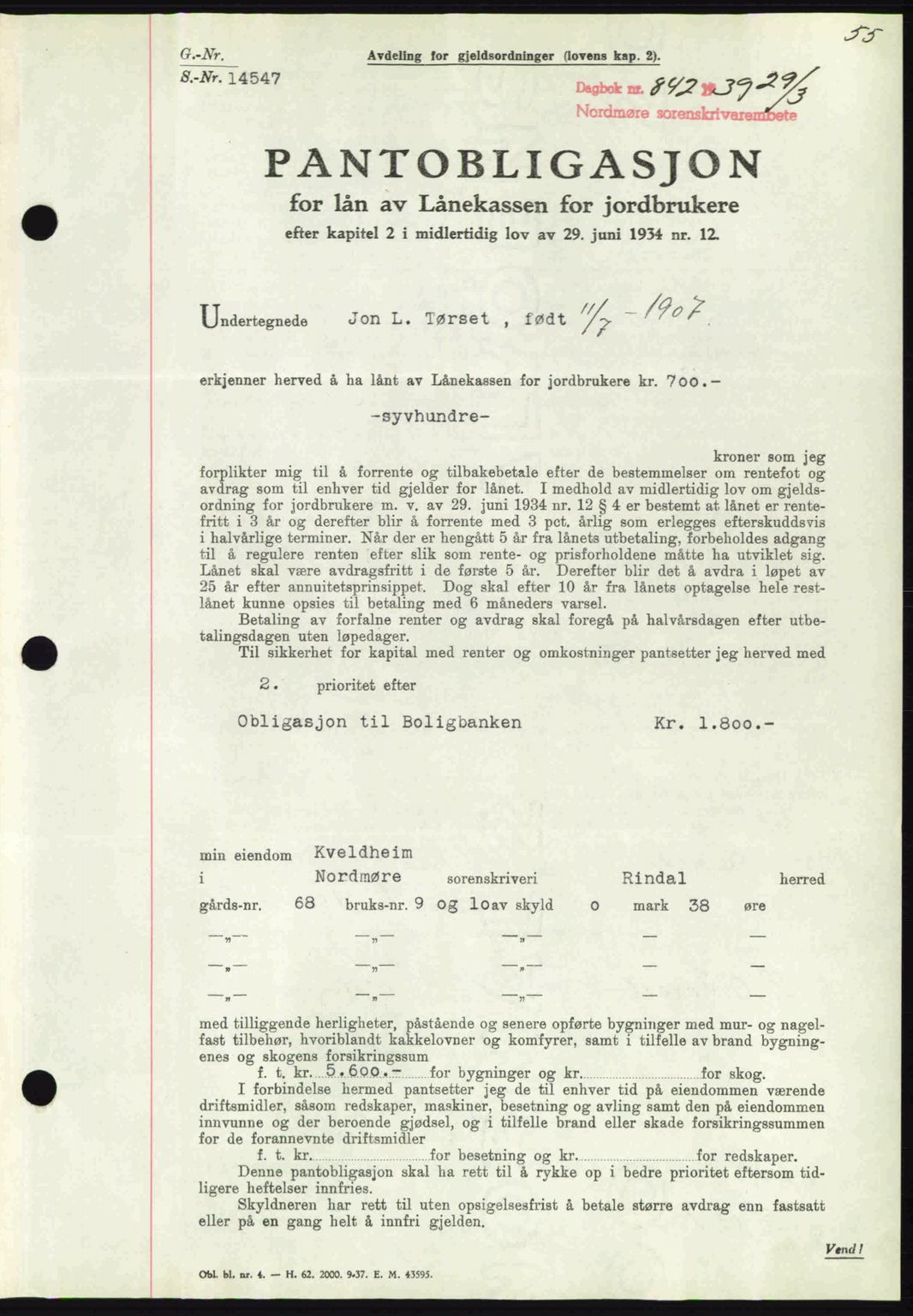 Nordmøre sorenskriveri, SAT/A-4132/1/2/2Ca: Pantebok nr. B85, 1939-1939, Dagboknr: 842/1939