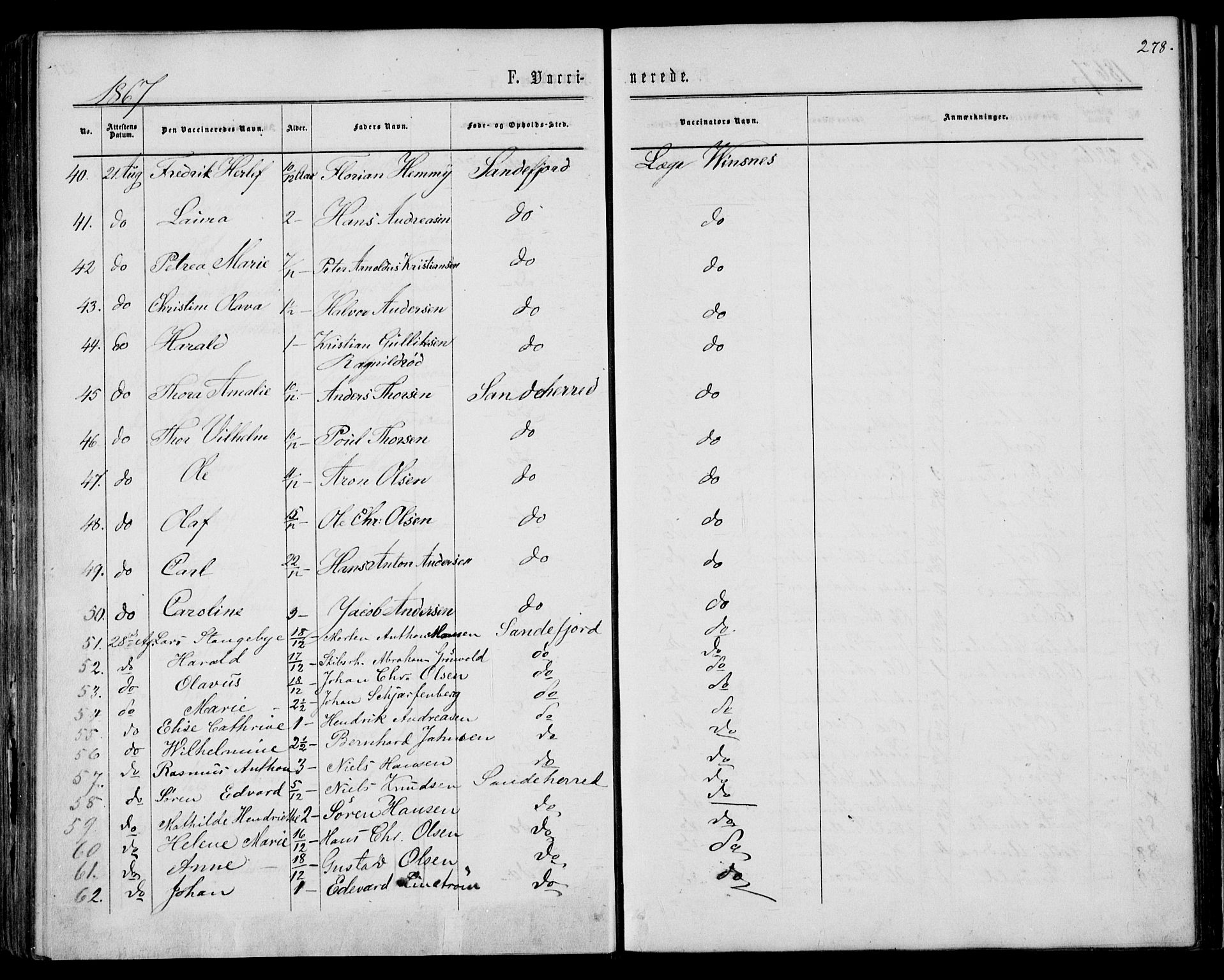 Sandar kirkebøker, AV/SAKO-A-243/F/Fa/L0009: Ministerialbok nr. 9, 1862-1871, s. 278