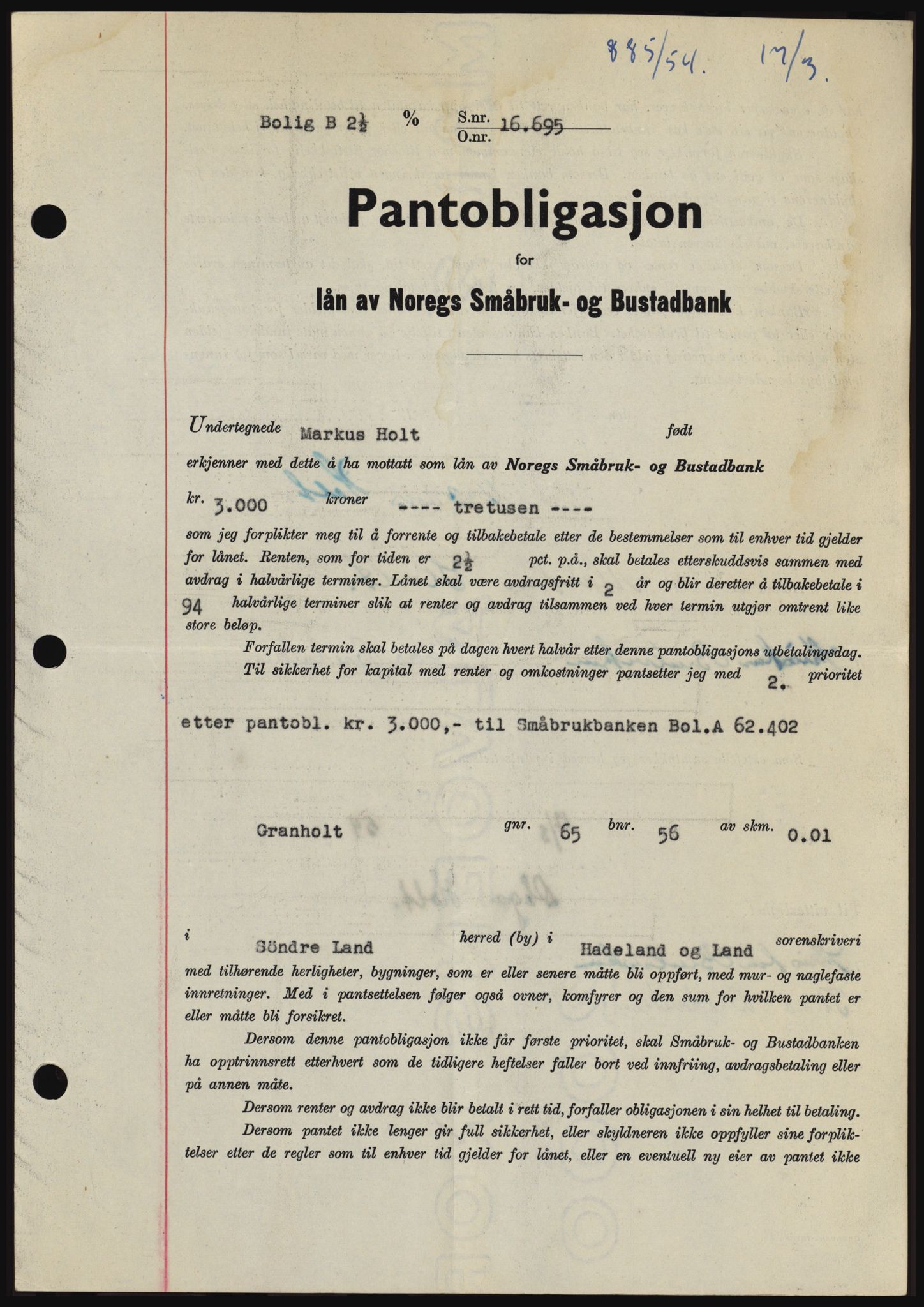 Hadeland og Land tingrett, SAH/TING-010/H/Hb/Hbc/L0029: Pantebok nr. B29, 1954-1954, Dagboknr: 885/1954