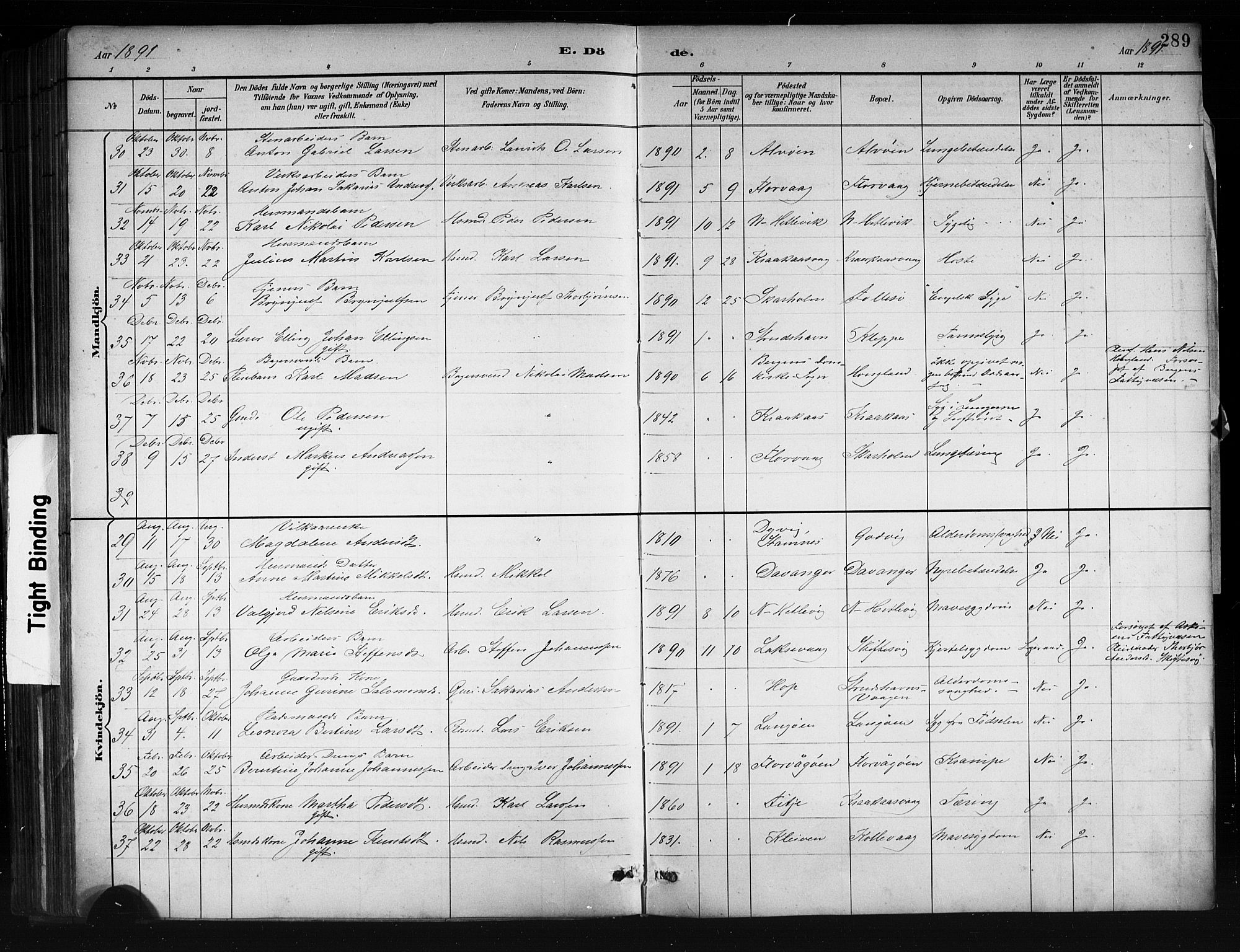 Askøy Sokneprestembete, AV/SAB-A-74101/H/Ha/Hab/Haba/L0008: Klokkerbok nr. A 8, 1882-1893, s. 289
