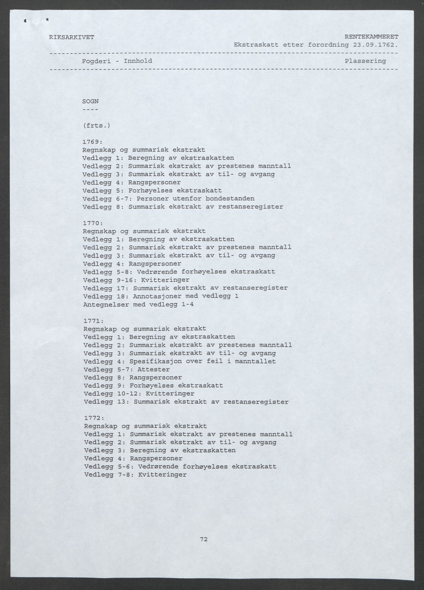 Rentekammeret inntil 1814, Reviderte regnskaper, Fogderegnskap, AV/RA-EA-4092/R52/L3418: Ekstraskatten Sogn, 1762-1769, s. 4