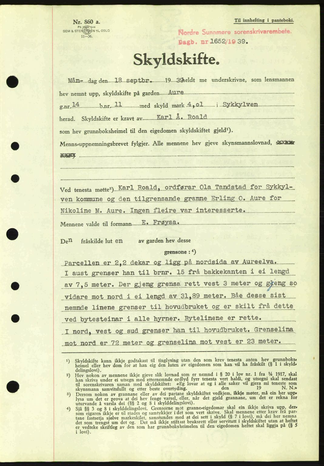 Nordre Sunnmøre sorenskriveri, SAT/A-0006/1/2/2C/2Ca: Pantebok nr. A7, 1939-1939, Dagboknr: 1652/1939