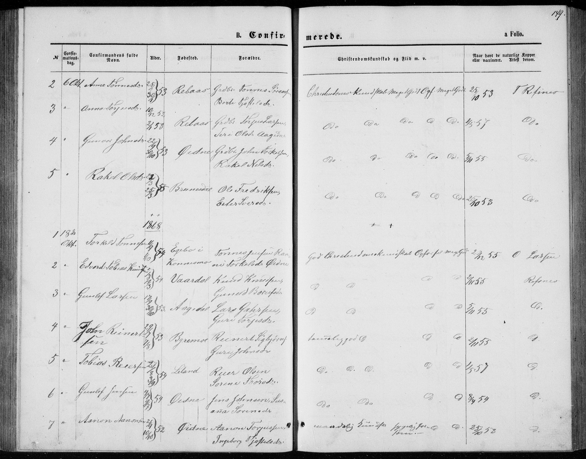 Bjelland sokneprestkontor, SAK/1111-0005/F/Fb/Fbc/L0002: Klokkerbok nr. B 2, 1867-1887, s. 149