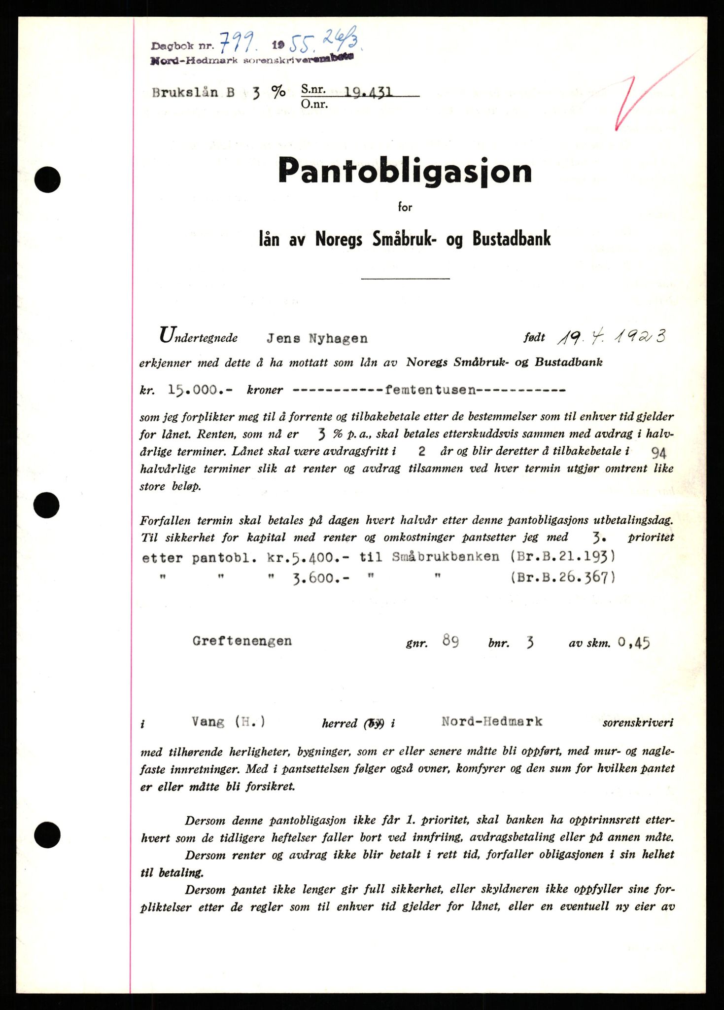 Nord-Hedmark sorenskriveri, SAH/TING-012/H/Hb/Hbf/L0032: Pantebok nr. B32, 1955-1955, Dagboknr: 799/1952